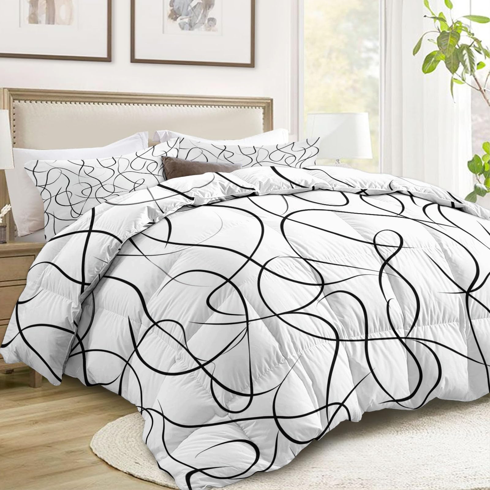 Générique Abstrakcyjna Geometria Labirynt Pikowana Kołdra 4 pory roku 140 x 200 cm Oddychająca i super miękka czarna kołdra hipoalergiczna Kołdra bez dwustronnej poszwy Można prać w pralce
