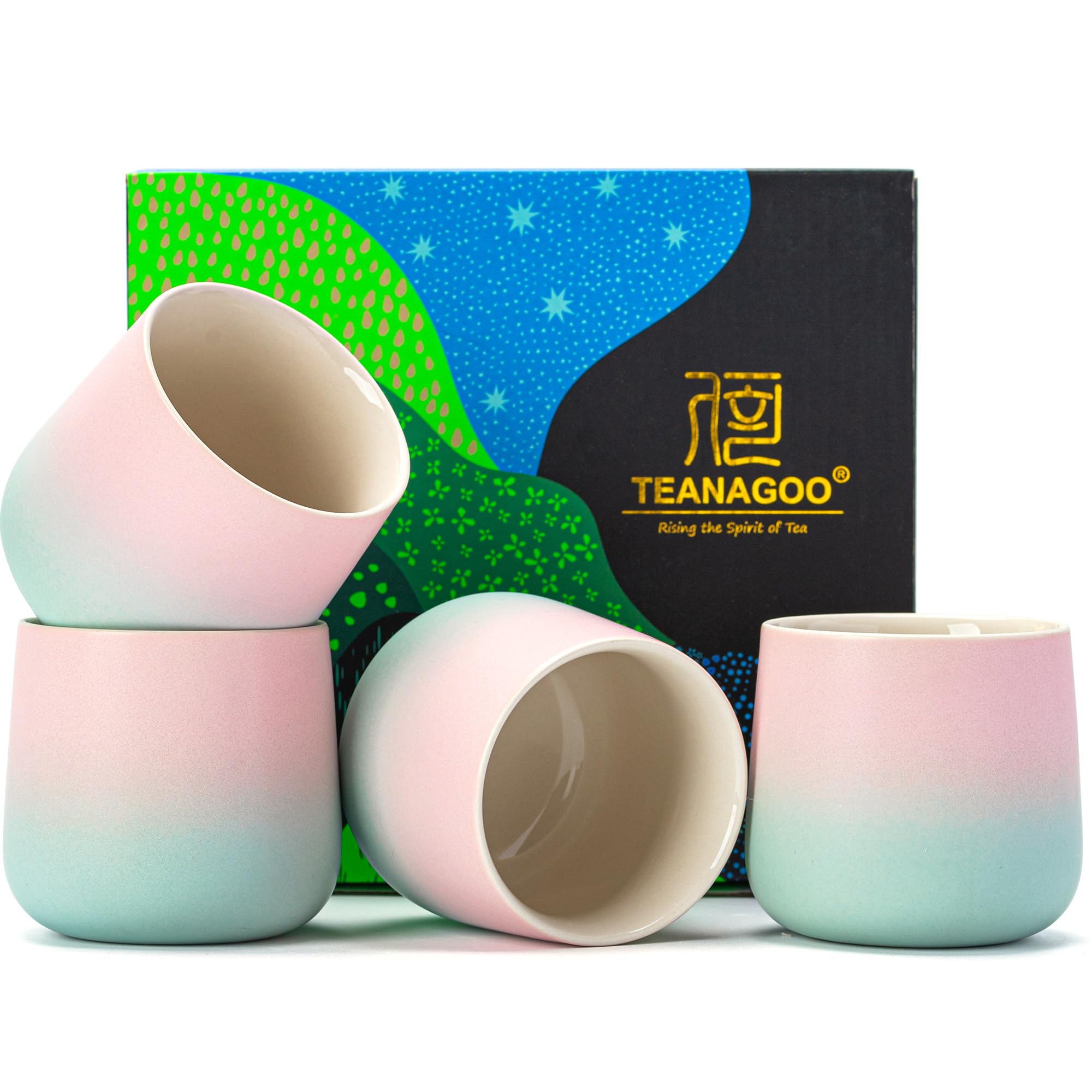 TEANAGOO Japanese Tea Cup, 7.2Oz / 205 ml, Gradient Pink Green, H11, 4 Pcs/Box, Japansese Cups, Chinese Tea Cups, Asian Tea Cups no Handles, Tea Cup Ceramic Cup for Japanese…