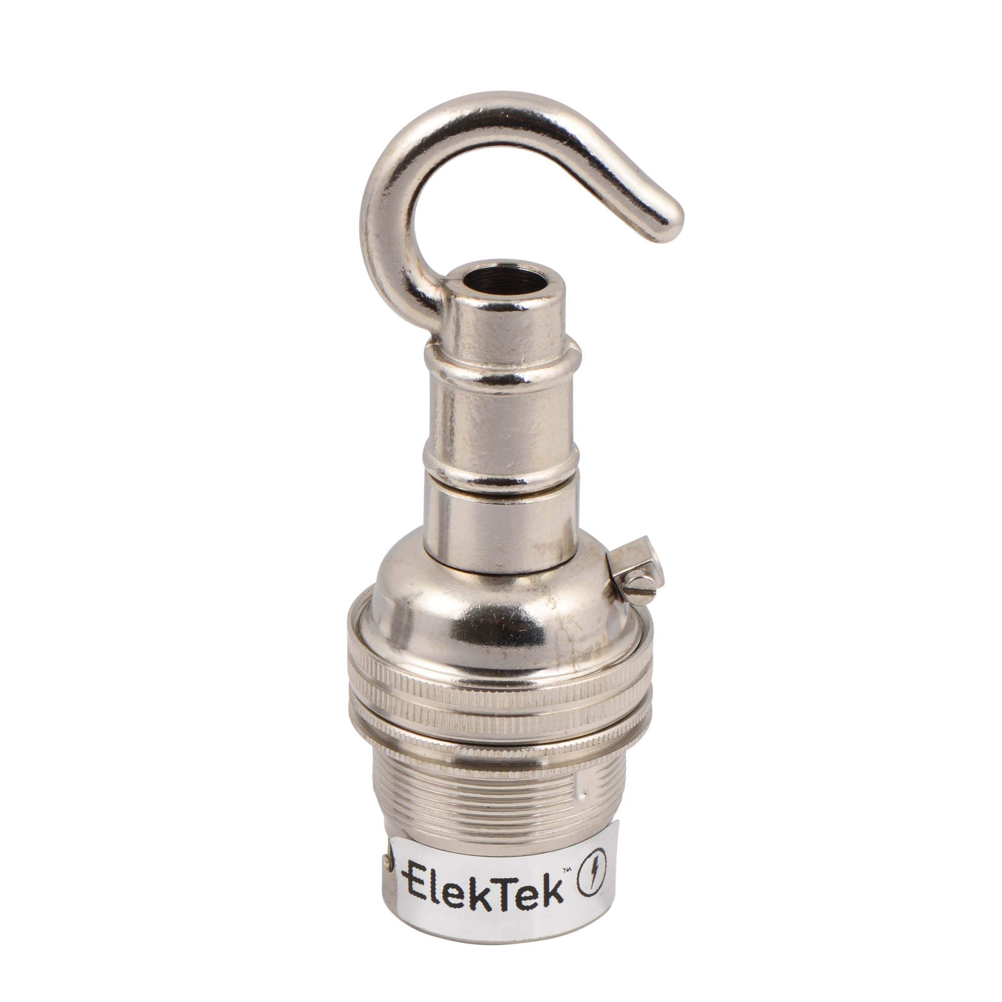 Elektek Nickel (Silver) Unswitched Lamp Holder B22 Bc Bayonet Cap & Shade Ring With Solid Cast Brass Hook For Ceiling, Bracket Or Chain Suspension - Made In Uk - Nickel