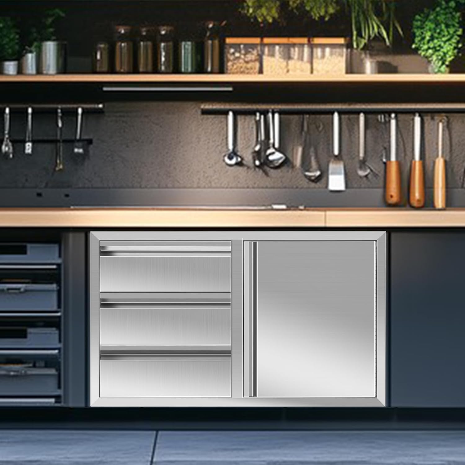 Outdoor Kitchen Drawer Combo BBQ Access Triple Propane Drawers Combo with Adjustable Trash Ring for BBQ Island Grill Station (38.3''W x 22.7''H x 20.7''D with Recessed Handle)