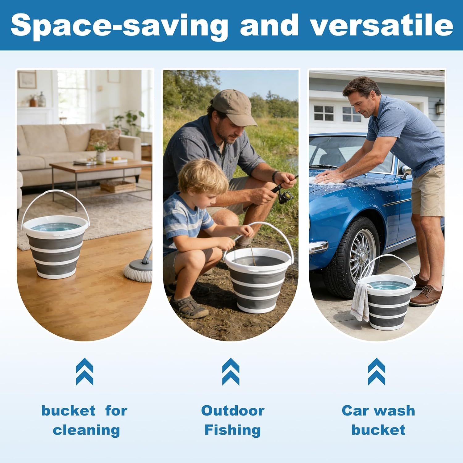 Gronivex 2.6 Gallon Collapsible Bucket with Handle - Foldable Portable Water Pail for Car Wash, Camping, RV, Boat, Fishing - Space-Saving Multi-Purpose Cleaning Bucket, BPA Free