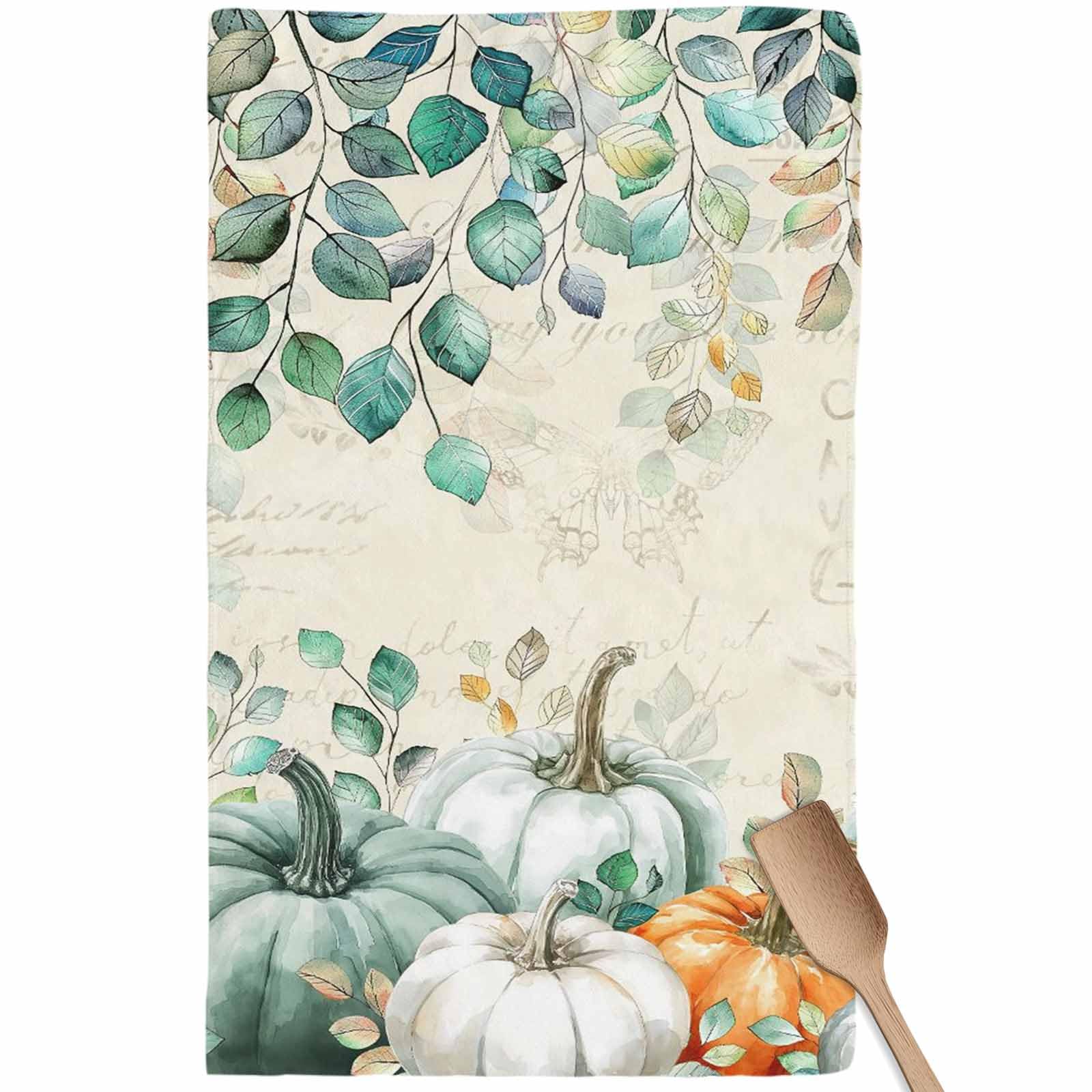 Fall Kitchen Towels Harvest Pumpkin Thanksgiving Hand Towels Green Leaves Dish Towel Cleaning Cloth Soft Absorbent Quick Drying Dish Cloths for Kitchen, Bathroom Autumn Decoration