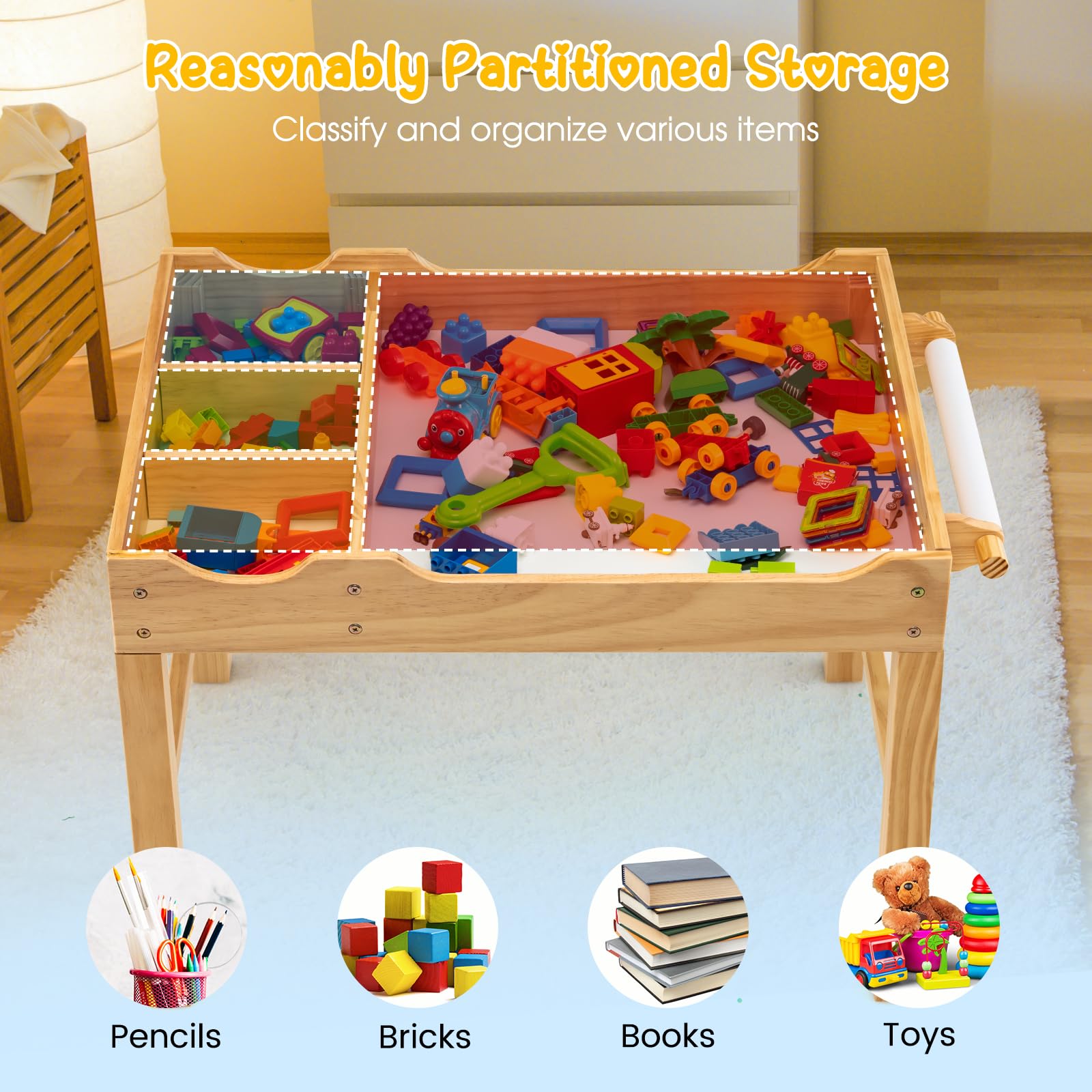 GOPLUS Table d'activités 2 en 1 avec plateau réversible, table de construction pour enfants de 3 ans et plus avec espace de rangement classé, table de jeu en bois avec barre latérale, 86,5 x 60 x 57