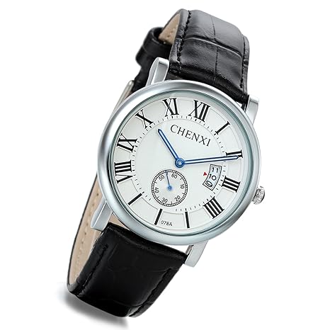 Lancardo Mens Silver Tone Black Genuine Leather Band Japanese Movement Chronograph Watch With Calendar