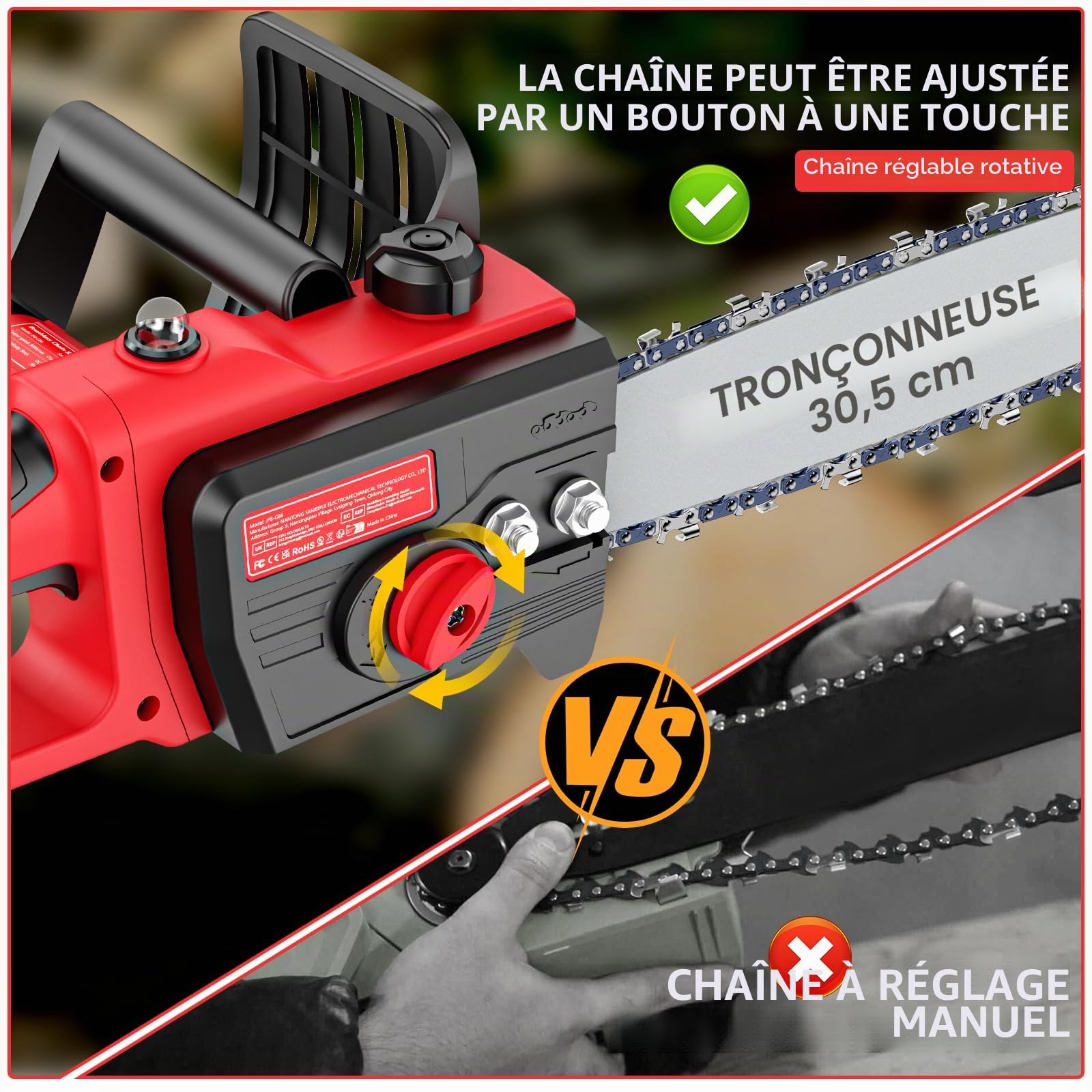 Brushless Mini Tronconneuse a Batterie 12 Pouces, 6000mAh Tronçonneuse Électrique Sans Fil Portable et 2 * 3000mAh Batteries,Lubrification Automatique pour la Coupe Du Bois, Les Branches D'arbres. (L)