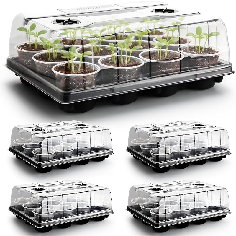 5 Pack 12 Cell Nursery Pot Trays with Adjustable Humidity Domes & 4 Inch Clear Pots 60 Pack, Sturdy Seed Starting Kit for Greenhouse Garden, Reusable Plant Growing Germination 5 Sets
