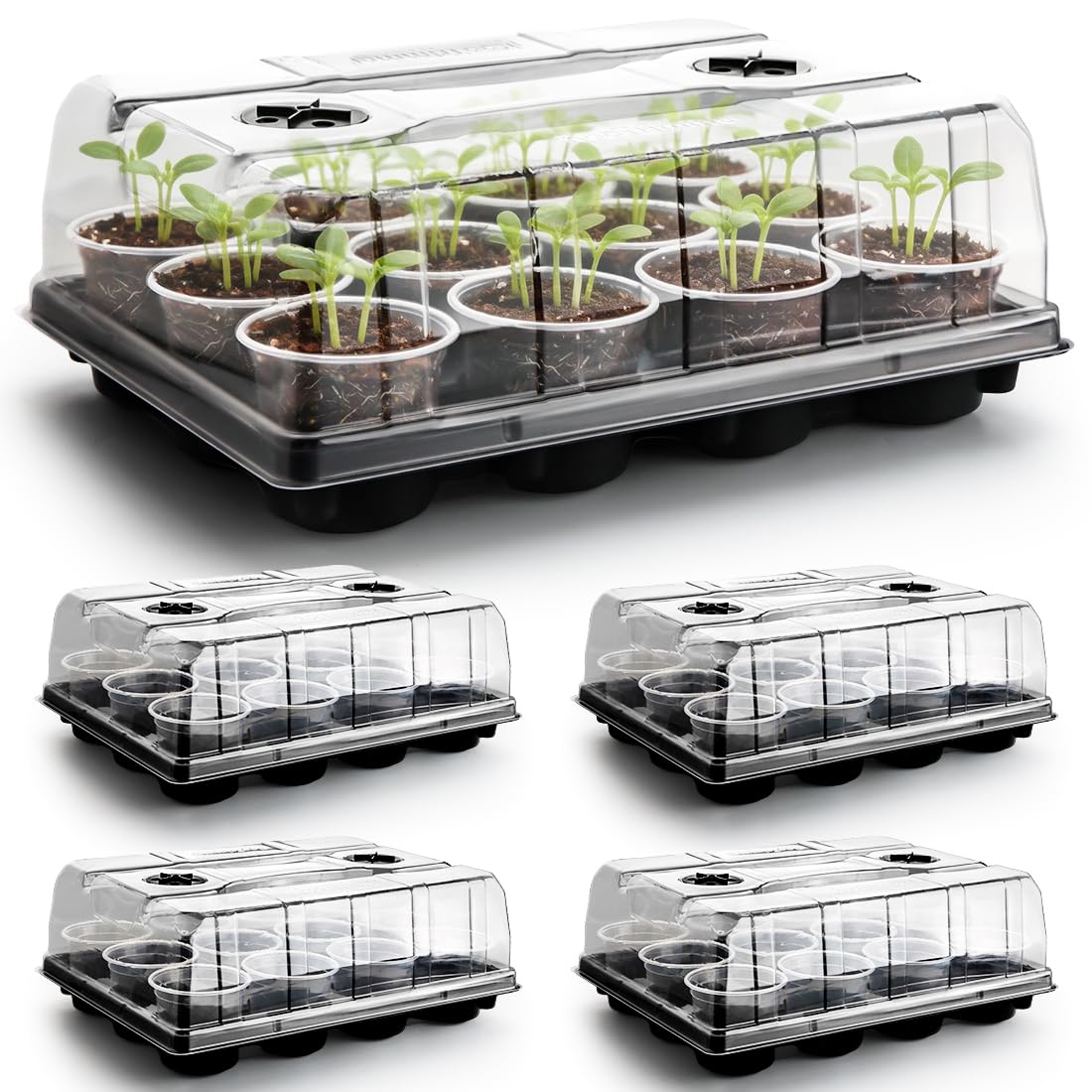 RooTrimmer Pflanzentöpfe mit 12 Zellen, verstellbare Luftfeuchtigkeitskuppeln und 10,2 cm transparente Töpfe, 60 Stück, stabiles Saatgut-Startset für Gewächshaus, Garten, wiederverwendbare Keimung, 5