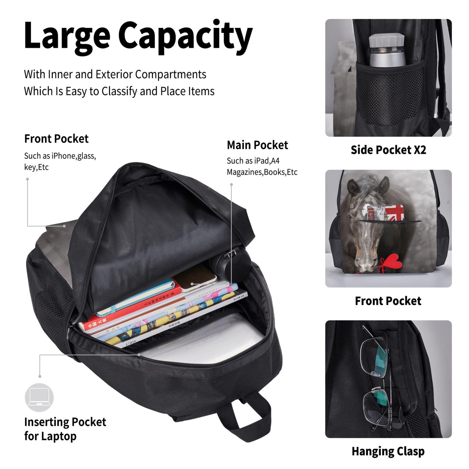 YSOLDA Juego de mochila, mochila escolar, mochila, juego de 3 piezas con bolsa de almuerzo, estuche para lápices,Caballo negro con corazón