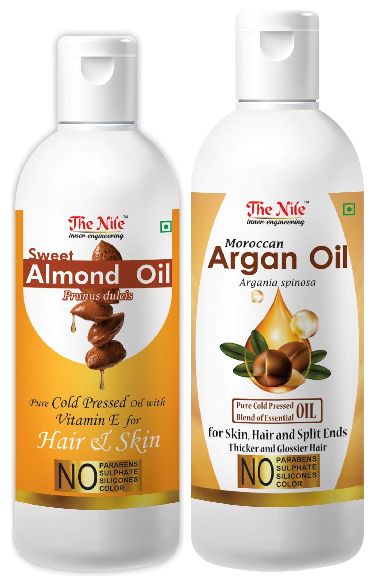The Nile Organic Cold Pressed Sweet Almond Oil Hair Oil (100 ML) + Moroccan Argan hair oil pure cold pressed blends of essential oil for skin,hair & split ends (150 ML) Combo pack of 2 (250 ML)