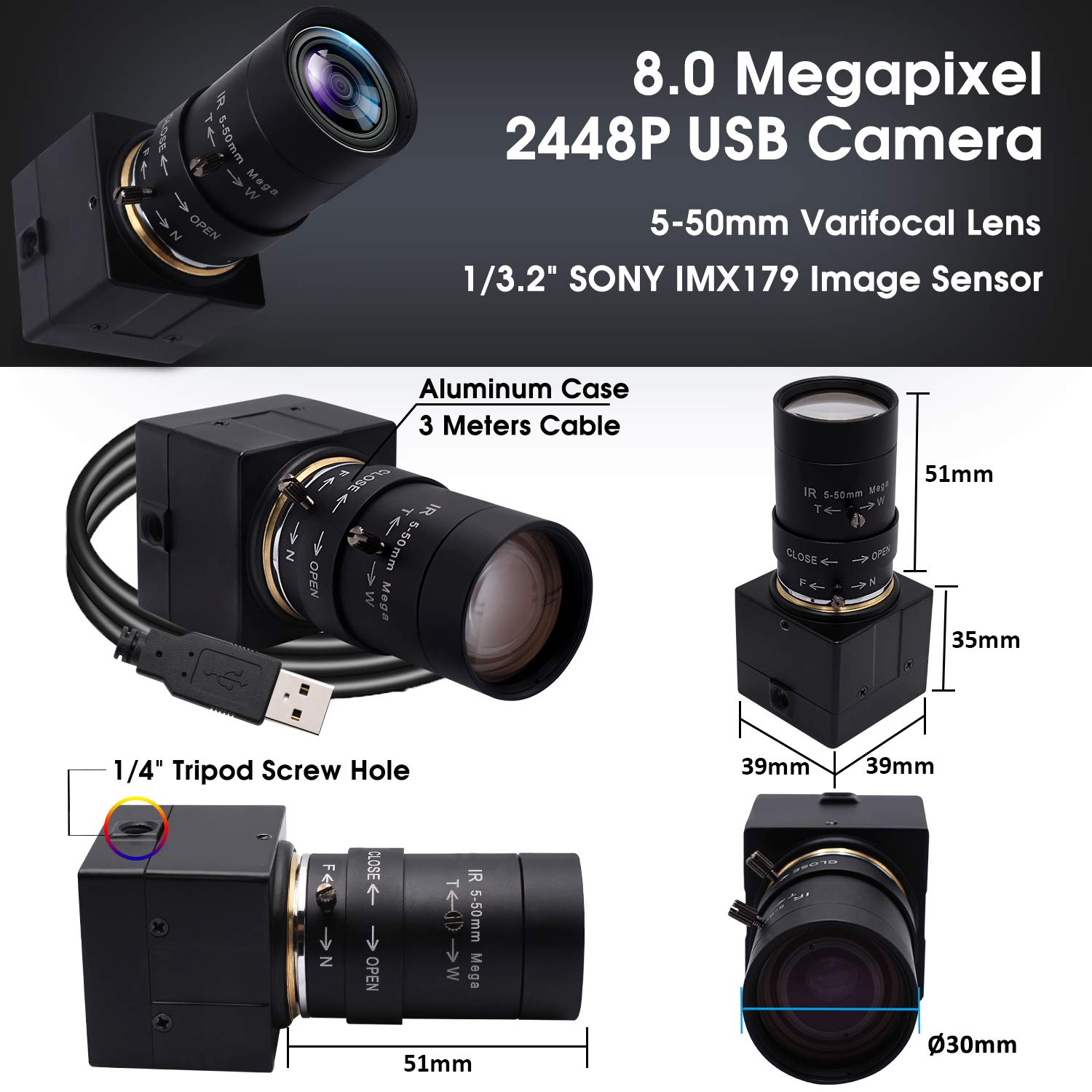 Svpro Cámara USB de 8 MP con lente variable de 5 a 50 mm, zoom óptico de 10 aumentos, cámara web HD con sensor IMX179 para Windows, Linux, Mac OS, Android, Plug and Play UVC