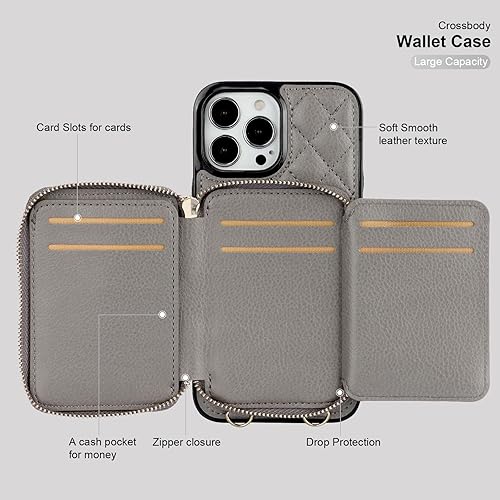 Miniatura 7 de Bocasal Funda tipo cartera cruzada para iPhone 13 Pro Max, con bloqueo RFID, de piel sintética, con cremallera, funda con función atril y ranuras