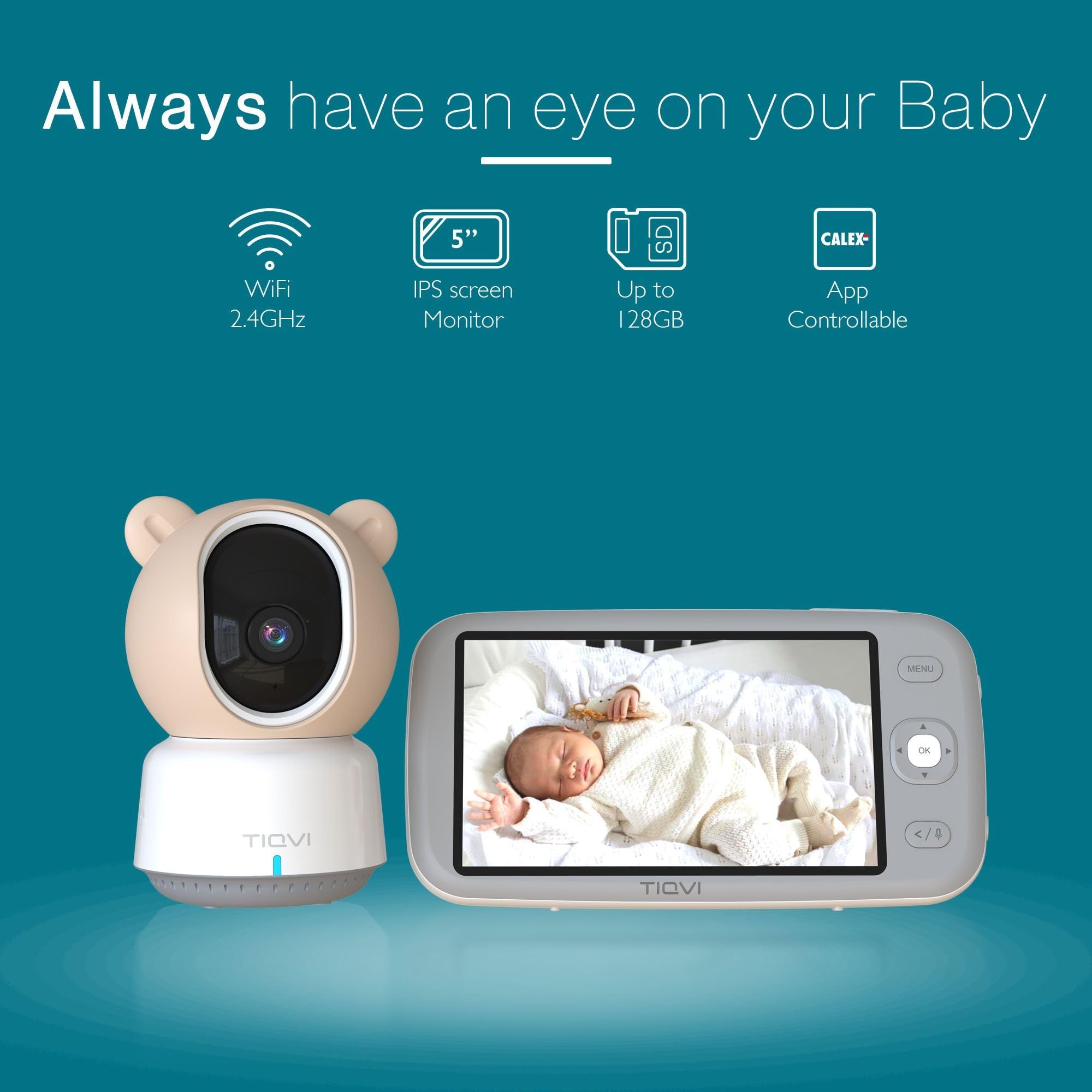 Inteligentna niania z monitorem, kamerą i aplikacją, 1080P, WiFi i Calex Smart App, noktowizor, wykrywanie ruchu, 2-drożny dźwięk, monitorowanie temperatury