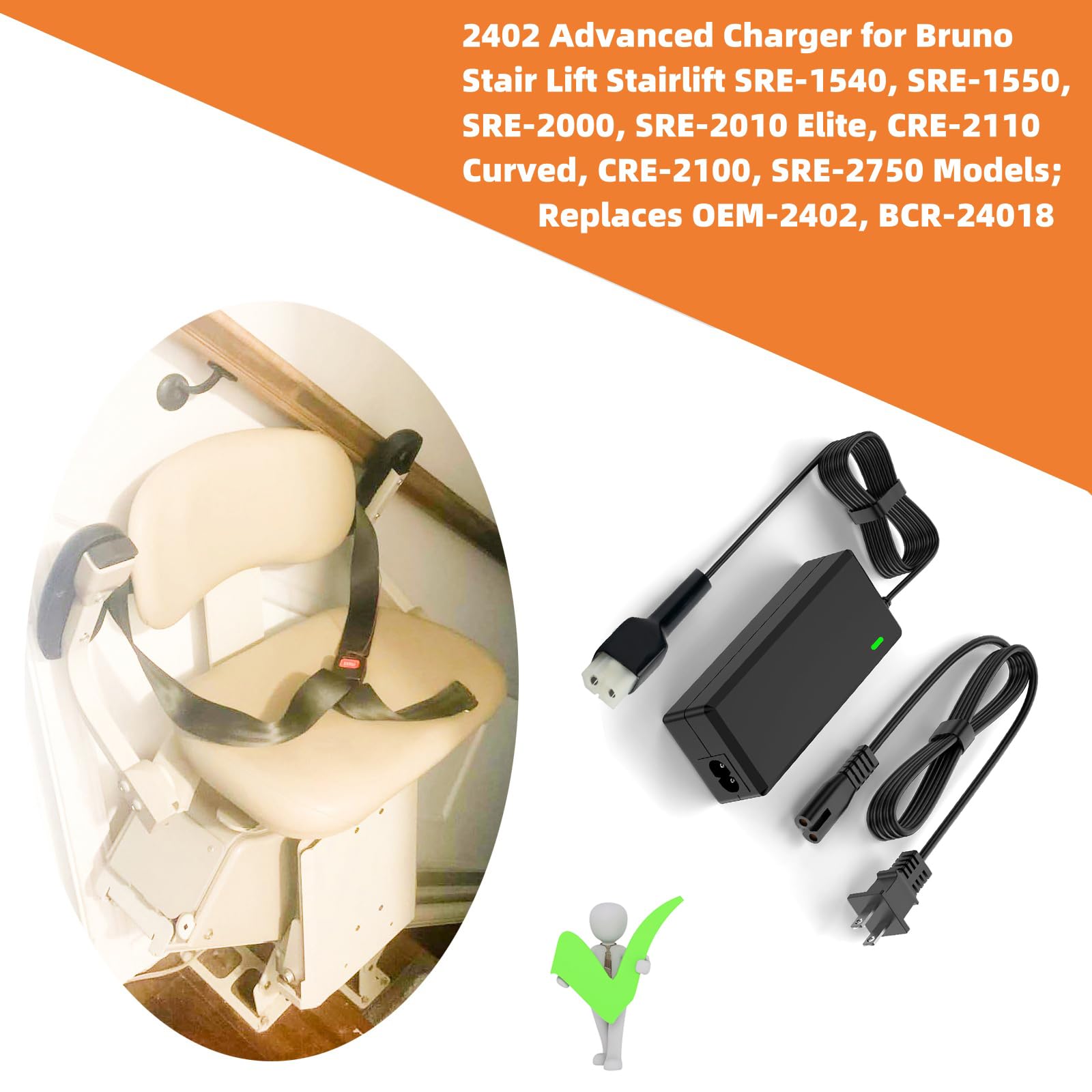 2402 Advanced Charger Charger for Bruno Stair Lift Fits SRE-2750,SRE-2110,SRE-2010,SRE-1550,SRE-1540 Replacing OEM-2402 BCR-24018 Power Cord