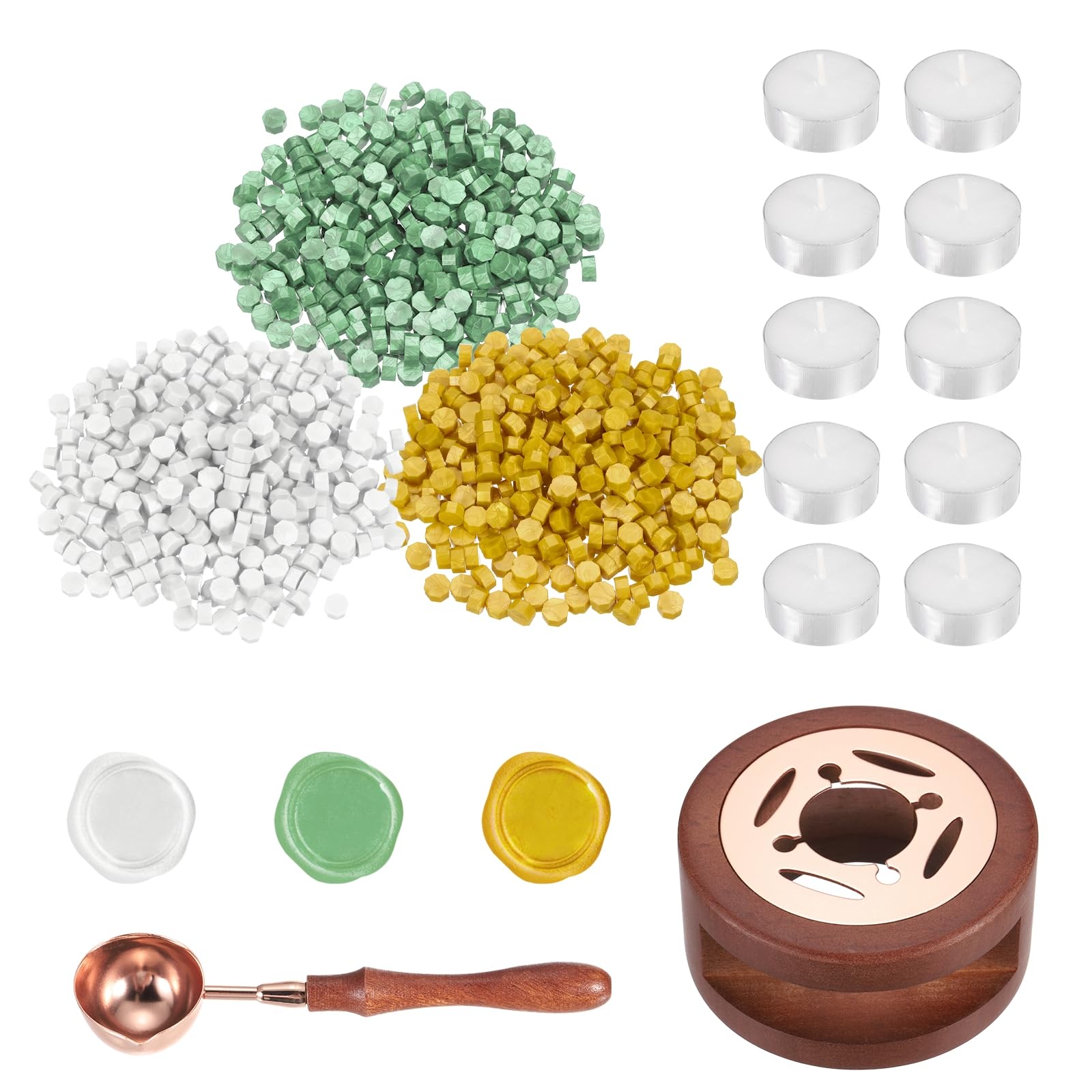 PATIKIL Wax Seal Kit, 300 Pcs Wax Sealing Beads, Wooden Warmer, Melted Spoon, 10 Pcs Tealight Candles for Envelope Letter Mailing Crafts DIY, Light Green/Bright Yellow/White