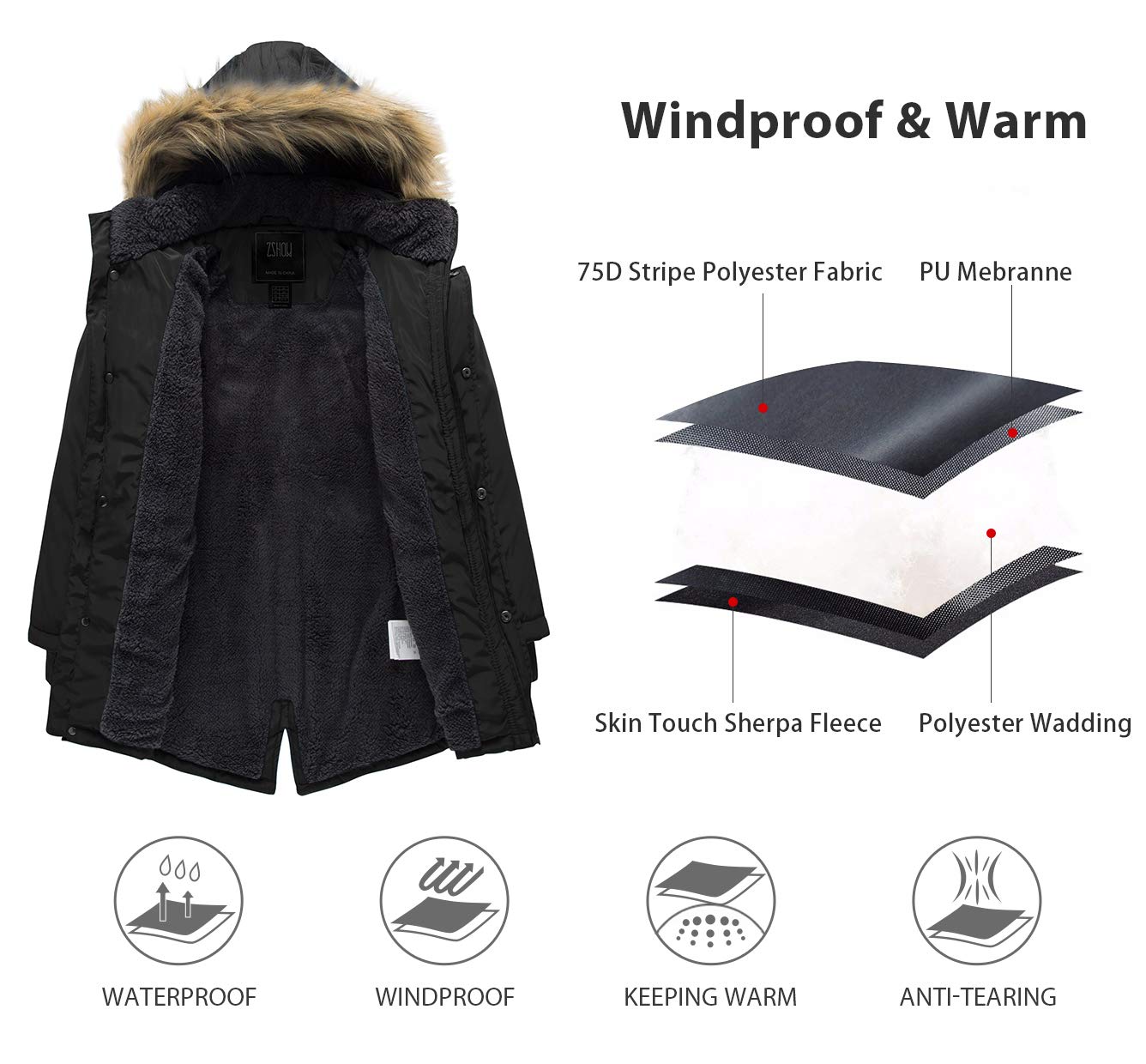 ZSHOW Garçons Hiver Coton Manteau Rembourré Imperméable Veste Fourrure Synthétique Capuche Manteaux Chauds Veste Matelassée Parka Coupe-Vent
