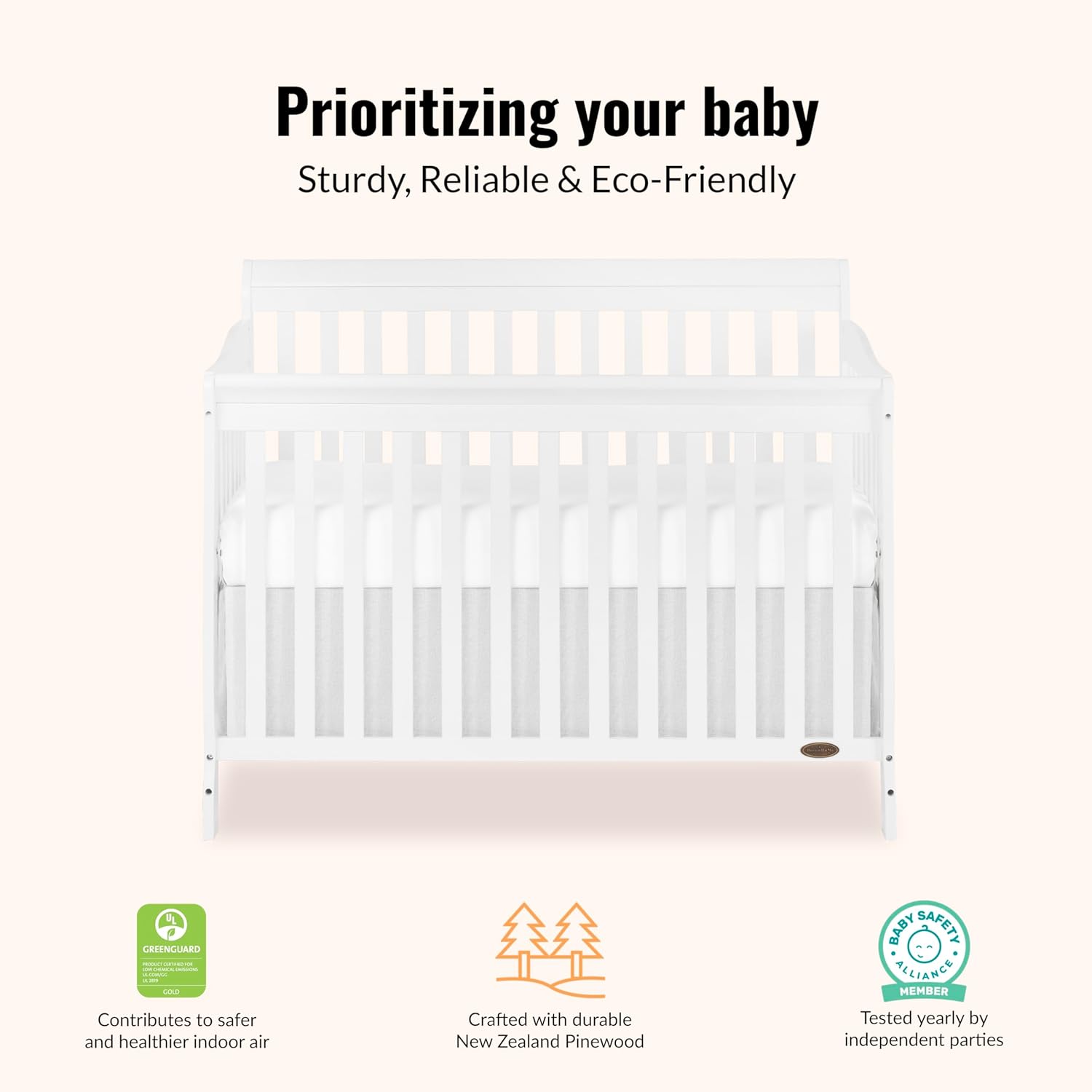 Dream On Me Ashton 4-in-1 Convertible Full-Size Baby Crib, White, GreenGuard Gold & JPMA, Sustainable Pinewood, 4 Mattress Heights, Converts to Toddler, Day & Full-Size Bed