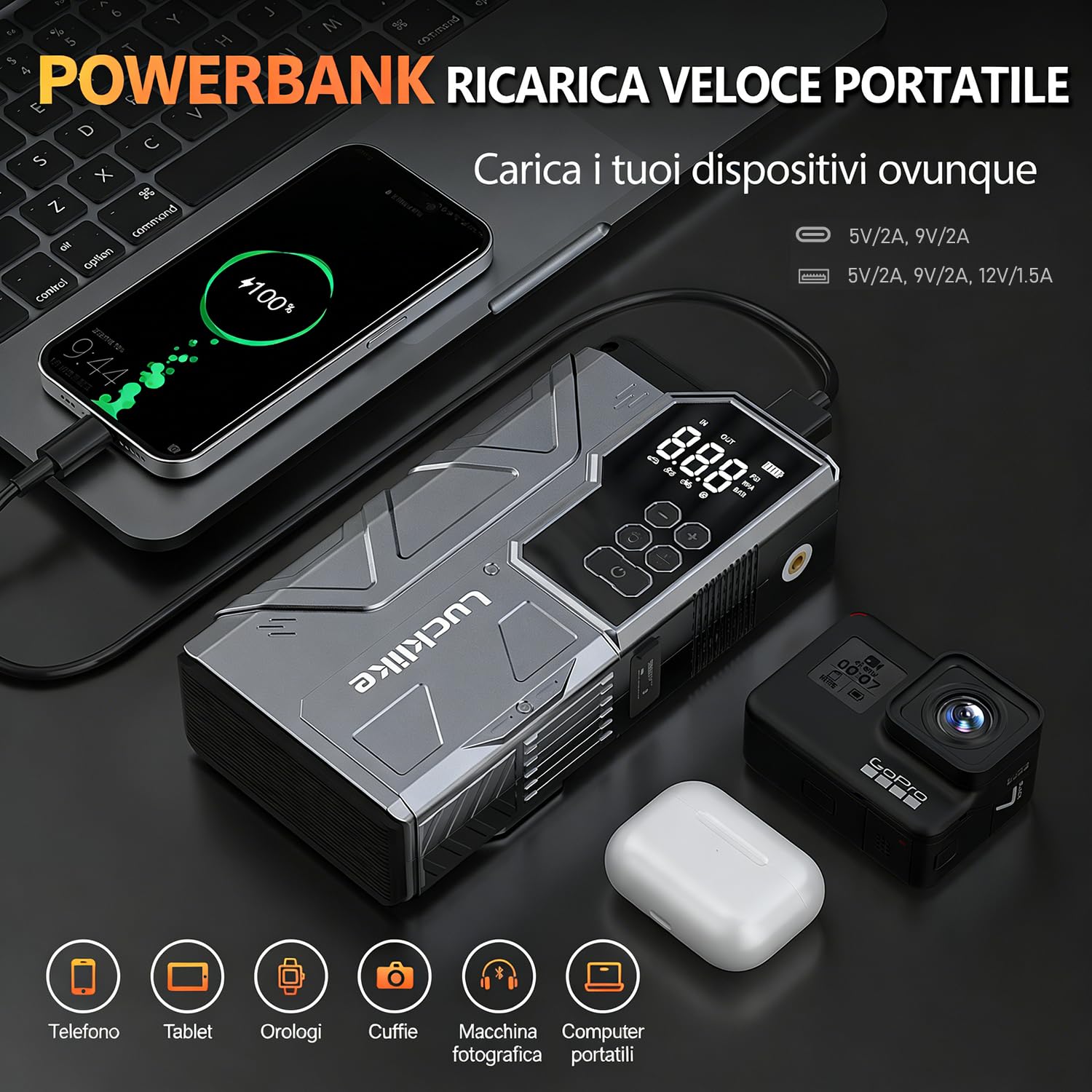 Lucklike Avviatore Batteria Auto con Compressore 150 PSI, 21800mAh Avviatore Batteria Macchina, 12V Avviatore Emergenza per Auto (ALL Gas 12,0L Diesel) Emergenza Jump Starter con LED Torcia, USB, LCD