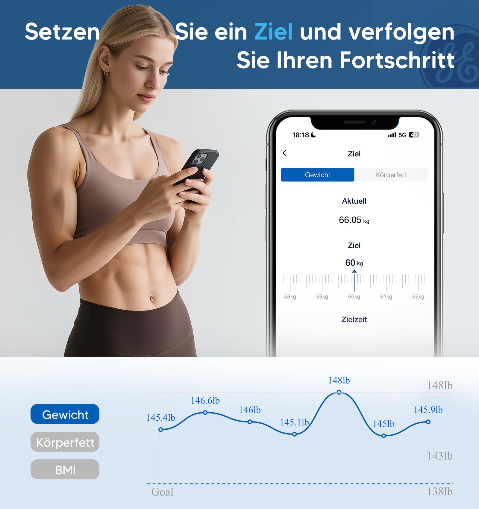 GE Körperfettwaage Digital mit Großem Display, Smart Waage mit Körperfett und Muskelmasse mit APP 14 Körpermaße BMI Bluetooth Personenwaage bis 180 kg / 400 lb