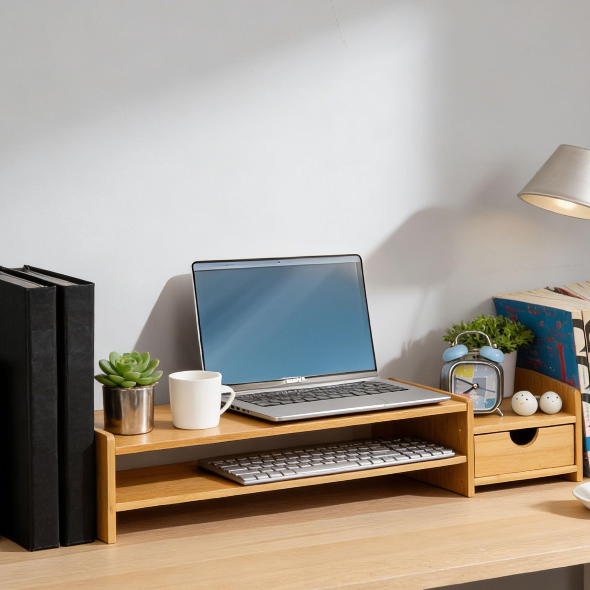 Supporto per monitor da scrivania in bambù con 2 ripiani e cassetti, organizer regolabile per computer, stampante, cellulare in ufficio, casa, riduce la tensione del collo e degli occhi (base)