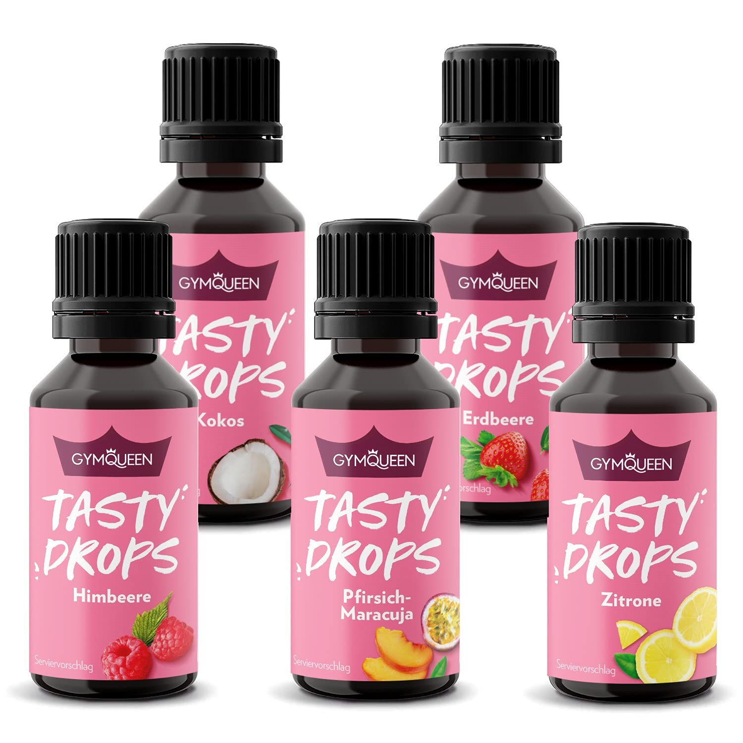 GymQueen Tasty Drops - Kalorienfreie, Zuckerfreie und Fettfreie Aroma Tropfen für Lebensmittel - Sommerfrucht Mix - 5x30