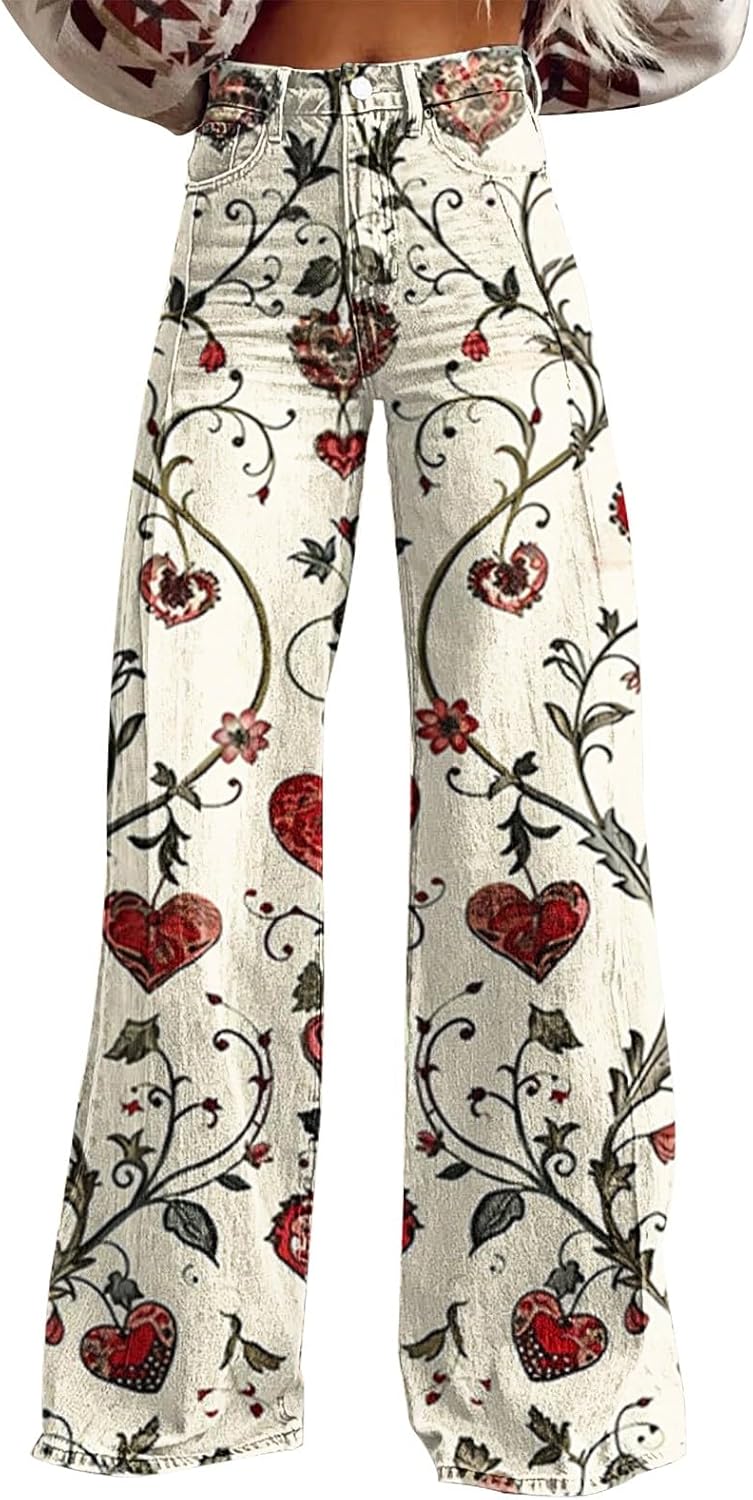 Womens Baggy Jeans, Valentine Pants for Women Heart Print Wide Leg Loost Fit Plus Size Y2K Denim Pants, S-5XL - Image 8