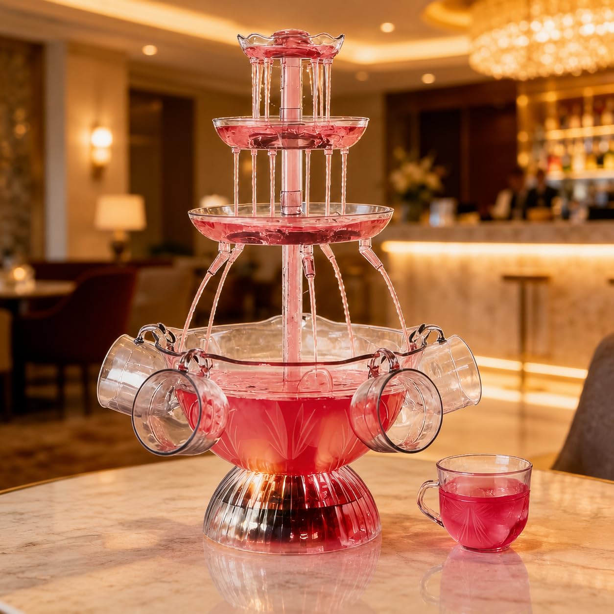 Dispensador de bebidas con 5 tazas reutilizables para fiestas, eventos, bares, cafeterías y reuniones, ideal para servir bebidas elegantes fácilmente