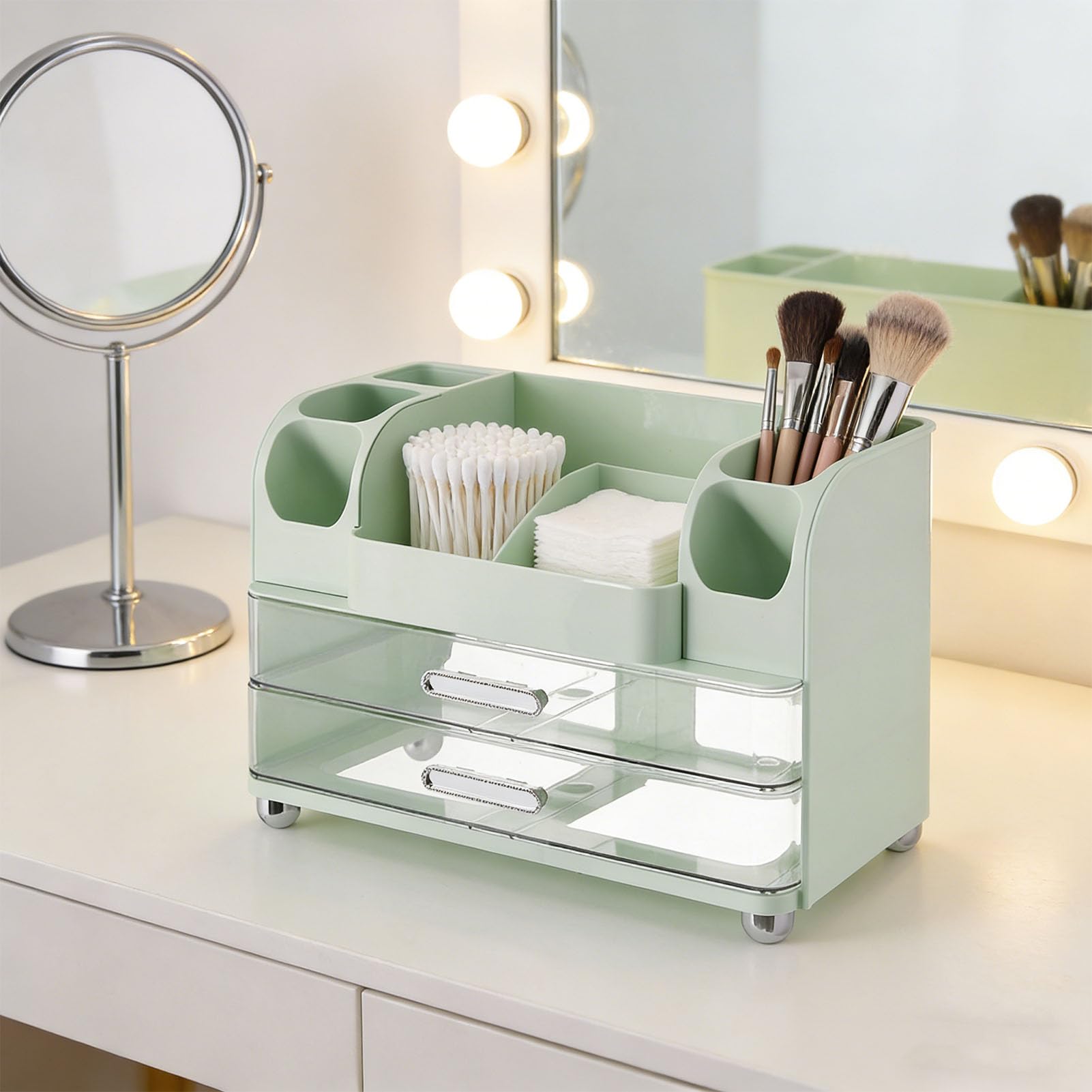 Make-up-Organizer, 3-lagige Kosmetikvitrine mit Großem Fassungsvermögen, 2 Schubladen und 6 Fächern für Badezimmer-Arbeitsplatte, Hautpflege, Schreibtisch, Büro, Waschtisch (GREEN)