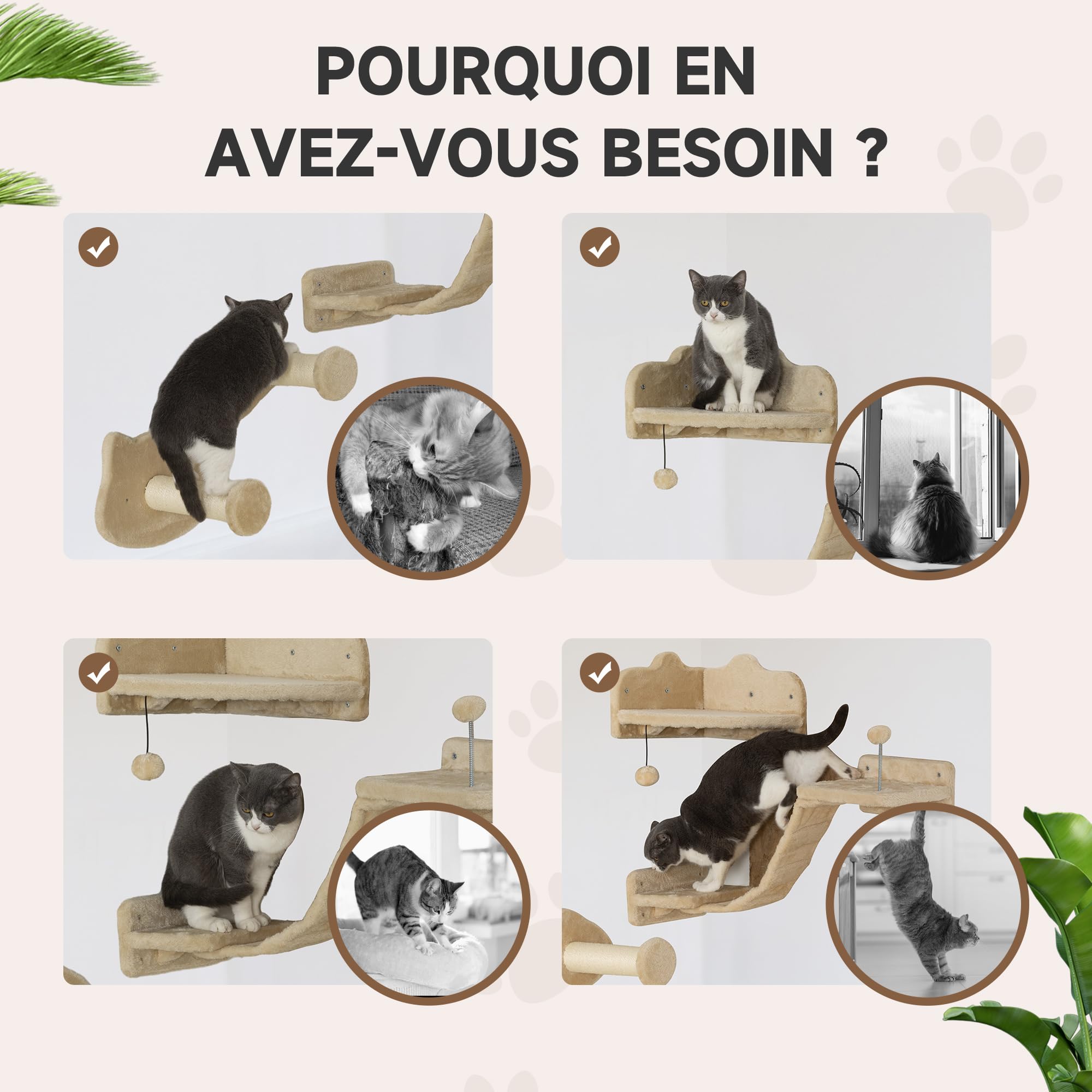 PawHut Étagères murales pour Chat, Ensemble de Meubles muraux, Arbre Parcours Mural Complet 4 pièces avec marches, échelle, Plates-Formes de Saut, griffoirs, Boule de Jouet, Gris