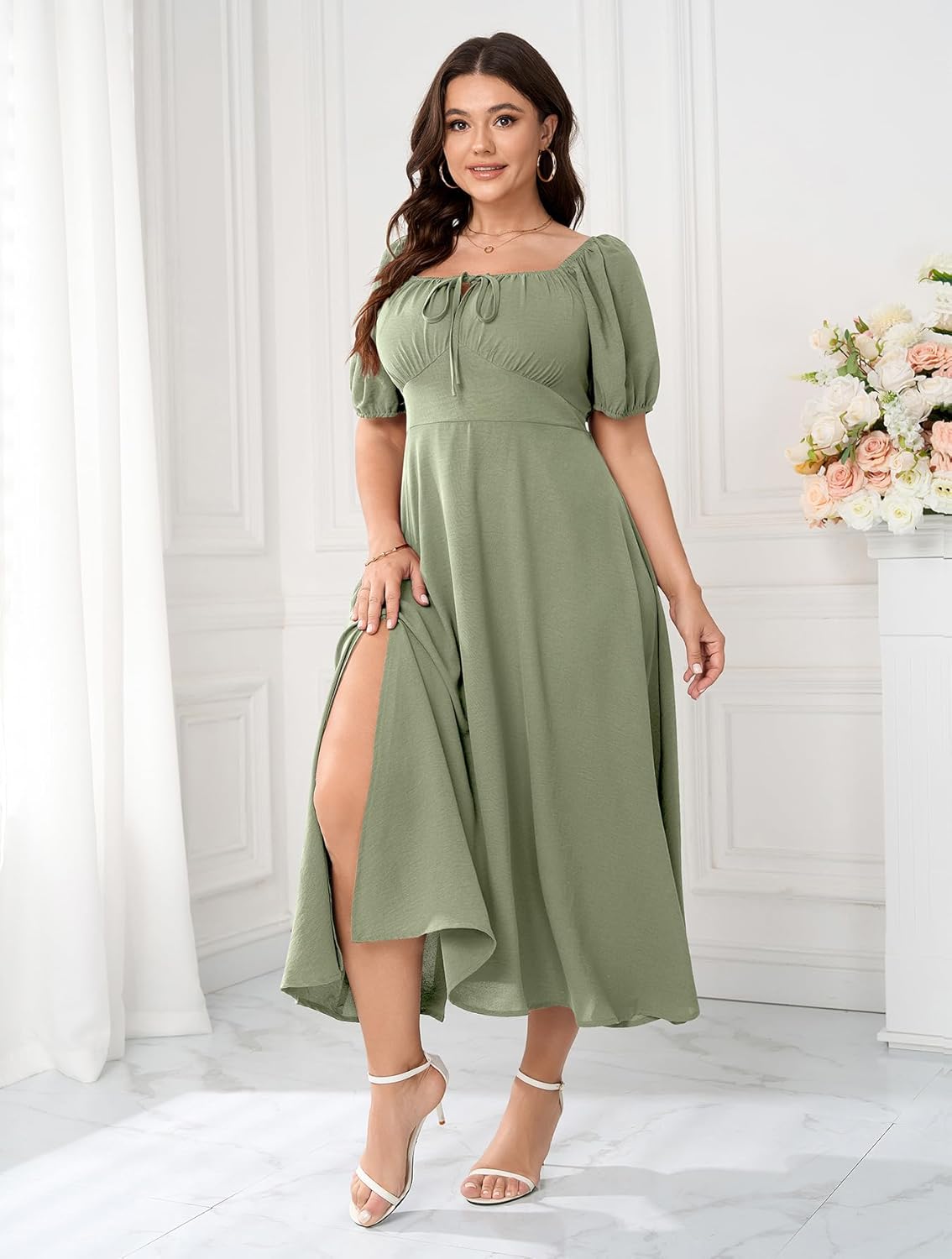 Women's Plus Size Summer Dress Short Sleeve Square Neck Milkmaid Dress Tie Front Split A-Line Maxi Long Dresses