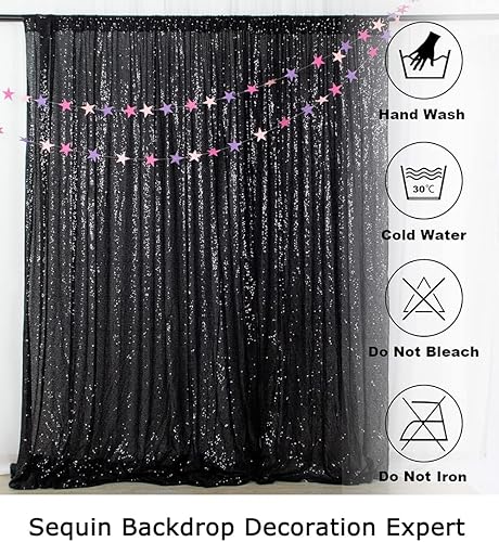 Miniatura 6 de ShinyBeauty Cortina de lentejuelas negras, 2 paneles de 5 x 10 pies, fondo de boda con purpurina, telón de fondo de fotografía, cortinas brillantes,