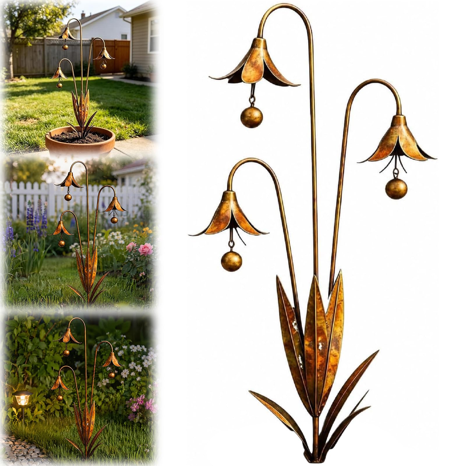 Three Bluebells Garden Stake, 2026 Flamed Copper Triple Sculpture for Yard