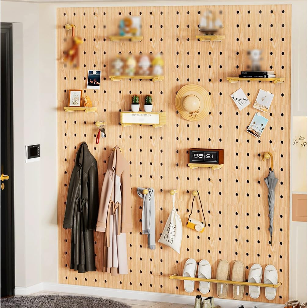 Sistema De Almacenamiento Modular De Paneles Perforados | Organizador de pared de madera con tablero perforado con estantes y ganchos para organizar la oficina, el dormitorio