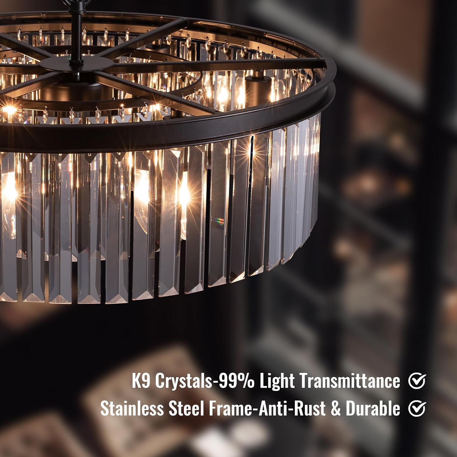 22-Inch Crystal Chandelier for Dining Room, Modern Hanging Pendant Light Fixture with 59" Adjustable Wire,Smoke Gray K9 Crystals, for Living Room, Bedroom, Kitchen Island, Entryway