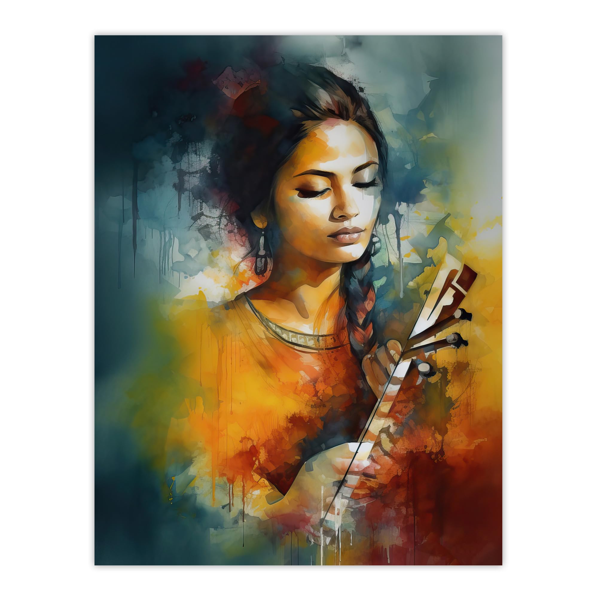 Artery8 Woman Playing Classical Indian Folk Music Watercolour Painting Ragini Musician Portrait Large Wall Art Poster Print Thick Paper 18X24 Inch