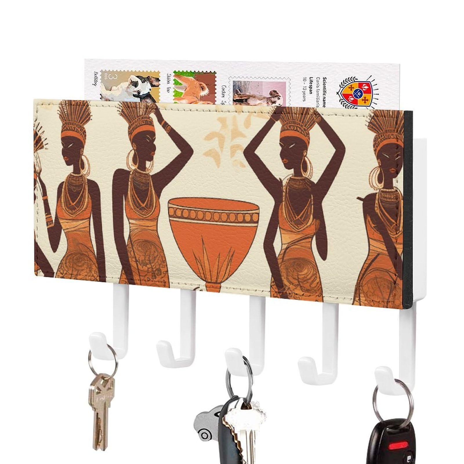 DWVTSLH African Tribal Woman Key Holder for Wall, Decorative Key Hooks with Mail Organizer & 5 Hooks, Self Adhesive Leather Key Hanger for Entryway, Wall Mounted Key Rack (7.1” X 4.3” X 0.9”)
