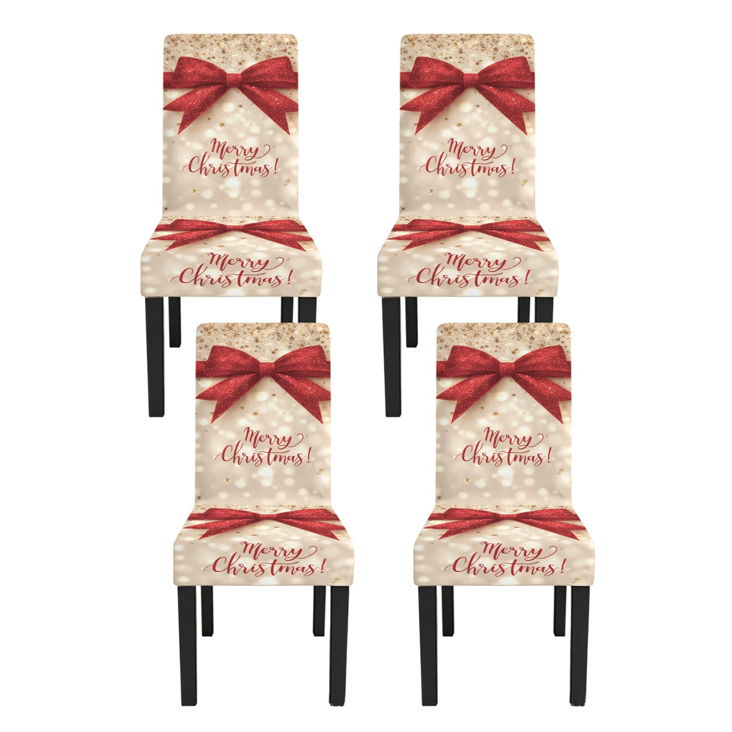 Merry Christmas Dining Chair Covers Set of 4, Red Bow Slipcovers