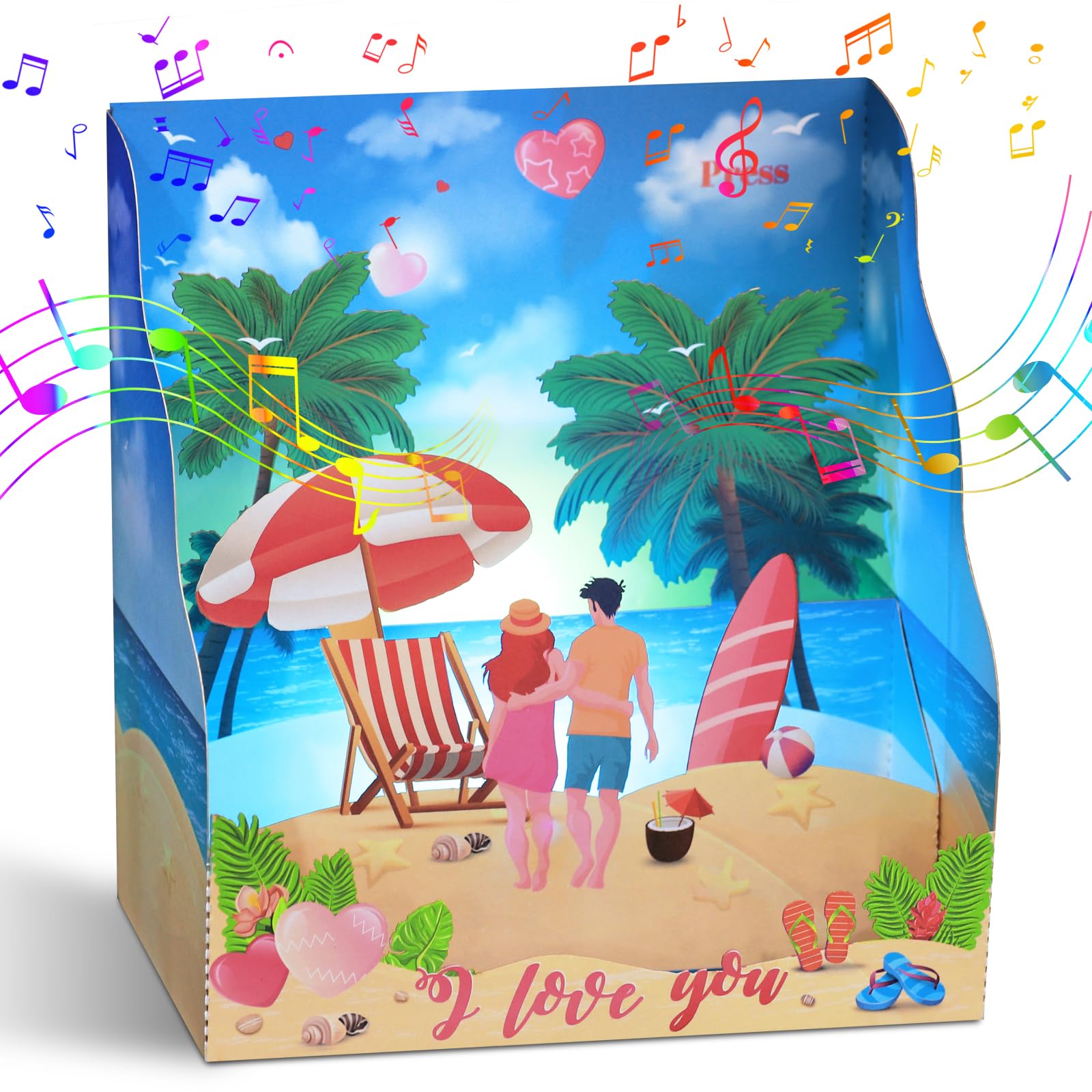 YunXianger Happy Anniversary Card, Lights & Music Anniversary Card, 3D Pop Up Beach Valentine's Day Card for him her Couple Husband Wife Parents Friend Wedding Anniversary Present (Beach)