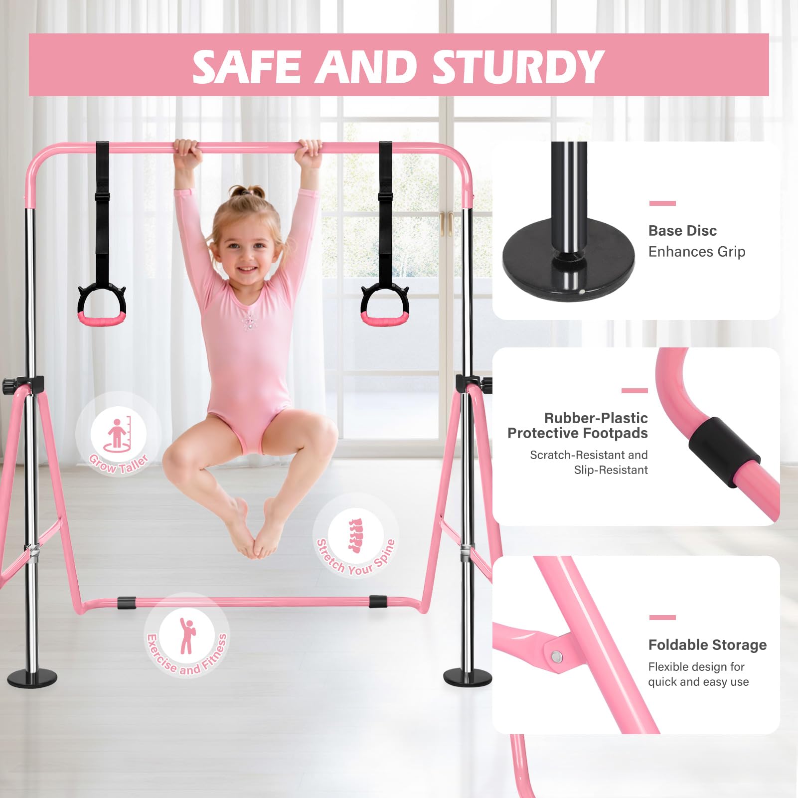 Barra de Gimnasia para Niños Plegable: Barra Horizontal Ajustable en Altura 91-132 cm con Anillas - Equipo de Gimnasia para Casa, Interior Exterior para Niños y Niñas