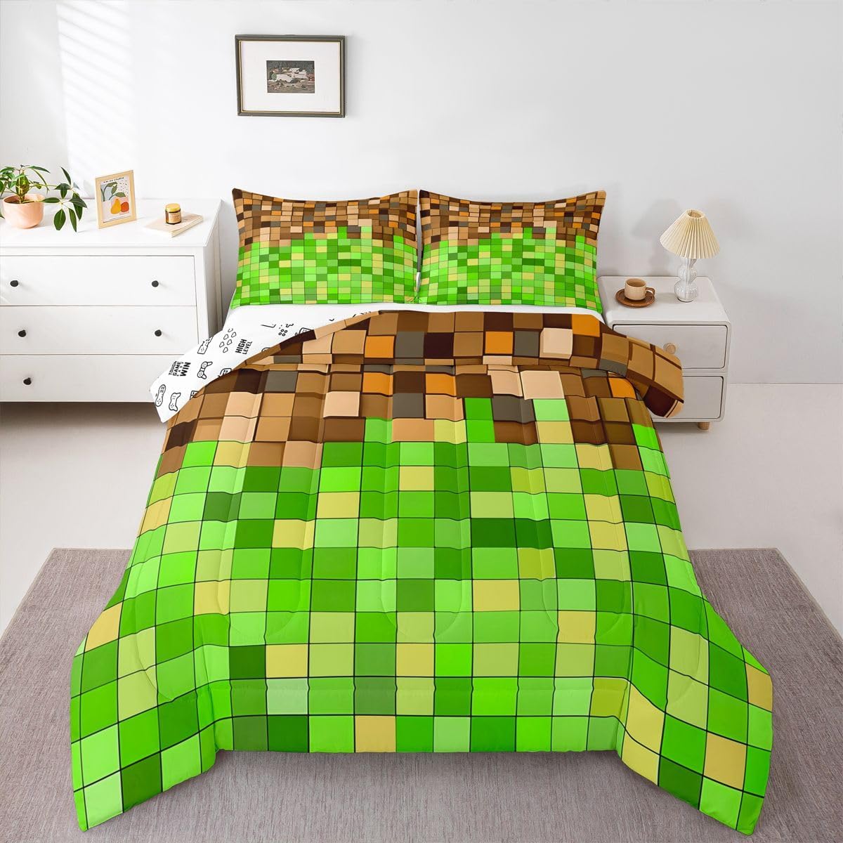 Pixelated Patchwork Comforter Set Full Size,Miners Geometric Check Square Kids Bedding Set,Video Games Blocks Gaming Quilt Comforter,Brown Light Green Duvet Insert,2 Pillowcases image 3