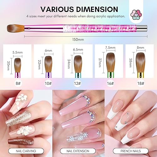 Miniatura 2 de Saviland 5 pinceles de uñas acrílicas, tamaño 810121618, pinceles de uñas para aplicación acrílica, pincel de polvo acrílico arcoíris brillante con