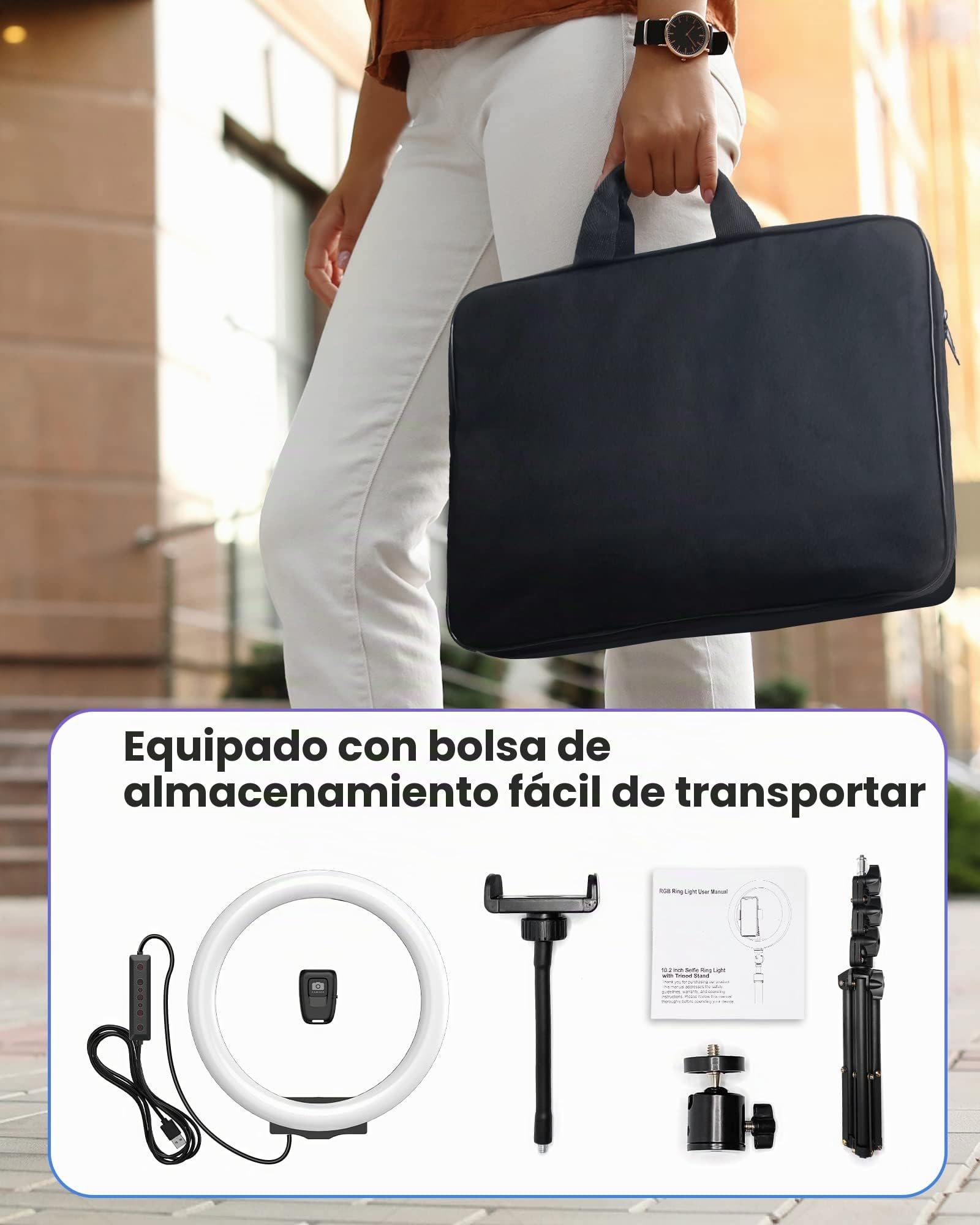 Aro De Luz con Tripode Alto - QIUOIO Anillo De Luz LED 10.2'' para Movil con 35 Modos RGB - Ring Light 3 Efectos de Iluminación y 10 Brillo Ajustable - Se Pueden Usar para Disparos TikTok Twich Live