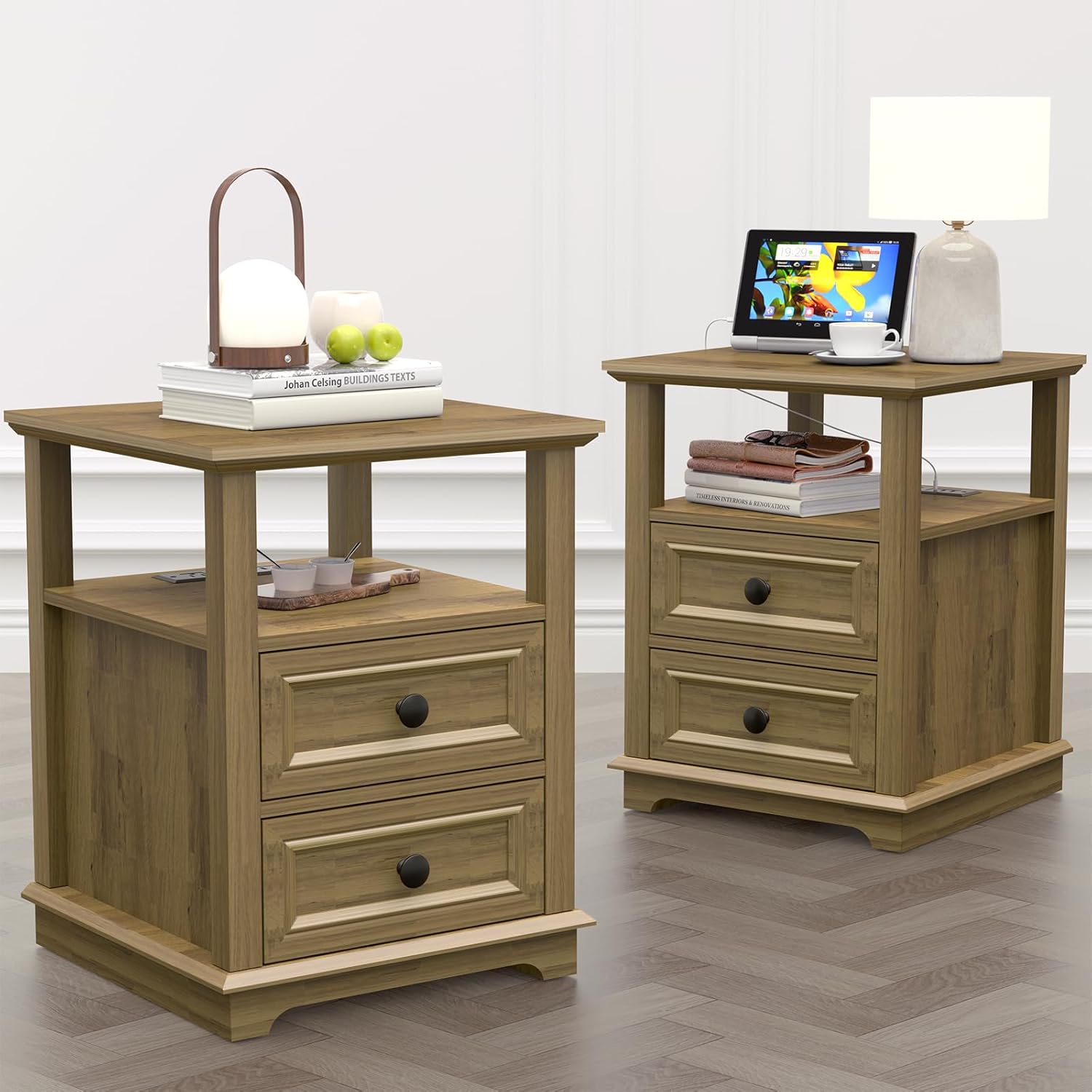 18″ Wide End Table with Charging Station Set of 2, Fast Charge End Table Set of 2, Large 18” Bedside Table with Drawers, Storage Cabinet with Open Shelf for Bedroom, Natural