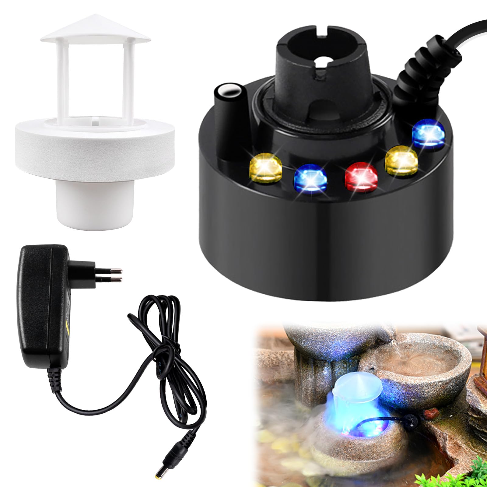 BORDEAG Nebulizador ultrasónico, mini generador de niebla, nebulizador ultrasónico, mini máquina de niebla, 12 LED Mister Fogger Water Fountain Pond Fog Machine 12 Led Three Color Gradient Atomizer