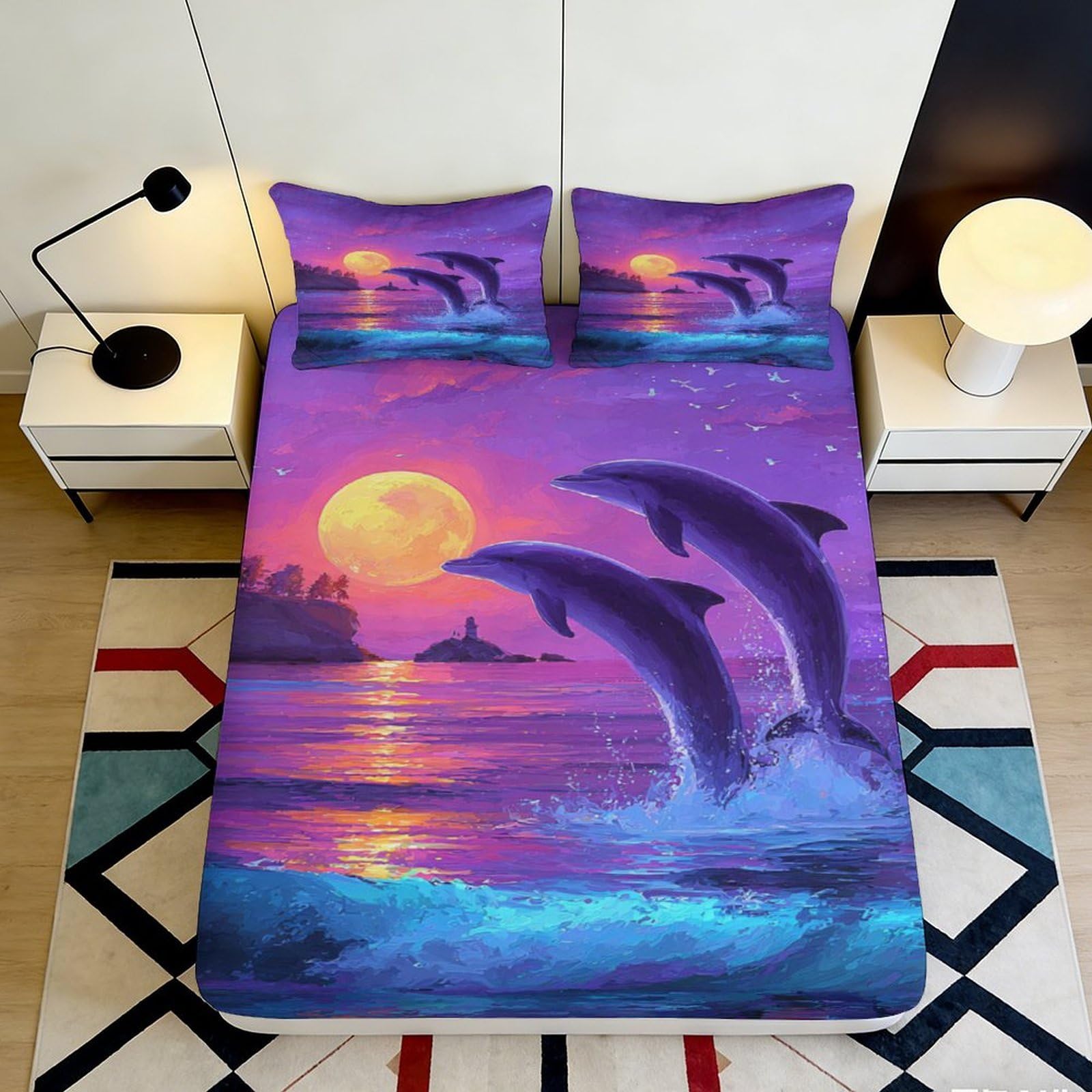 3D Printed Sunset Dolphin Fitted Sheet Microfiber Soft Purple Ocean Mattress Cover for Bedroom Guest Room Decor 200x200x25cm