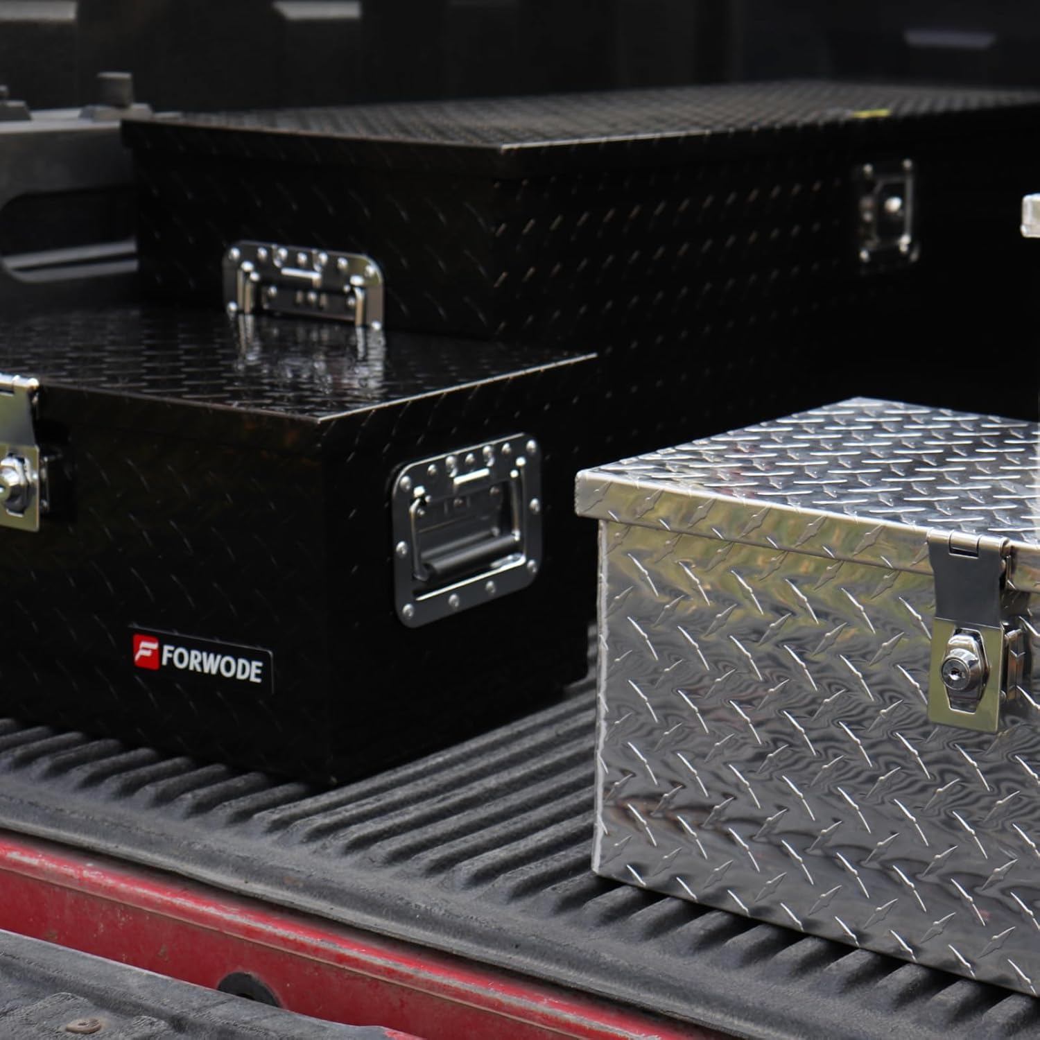 FORWODE 48 Inch Aluminum Truck Tool Box Lockable Truck Bed Tool Box Waterproof Truck Bed Storage Box with Gas Struts & Side Handle Truck Tool Chest for Pickup, Truck Bed, RV, Trailer & Garage (Black)