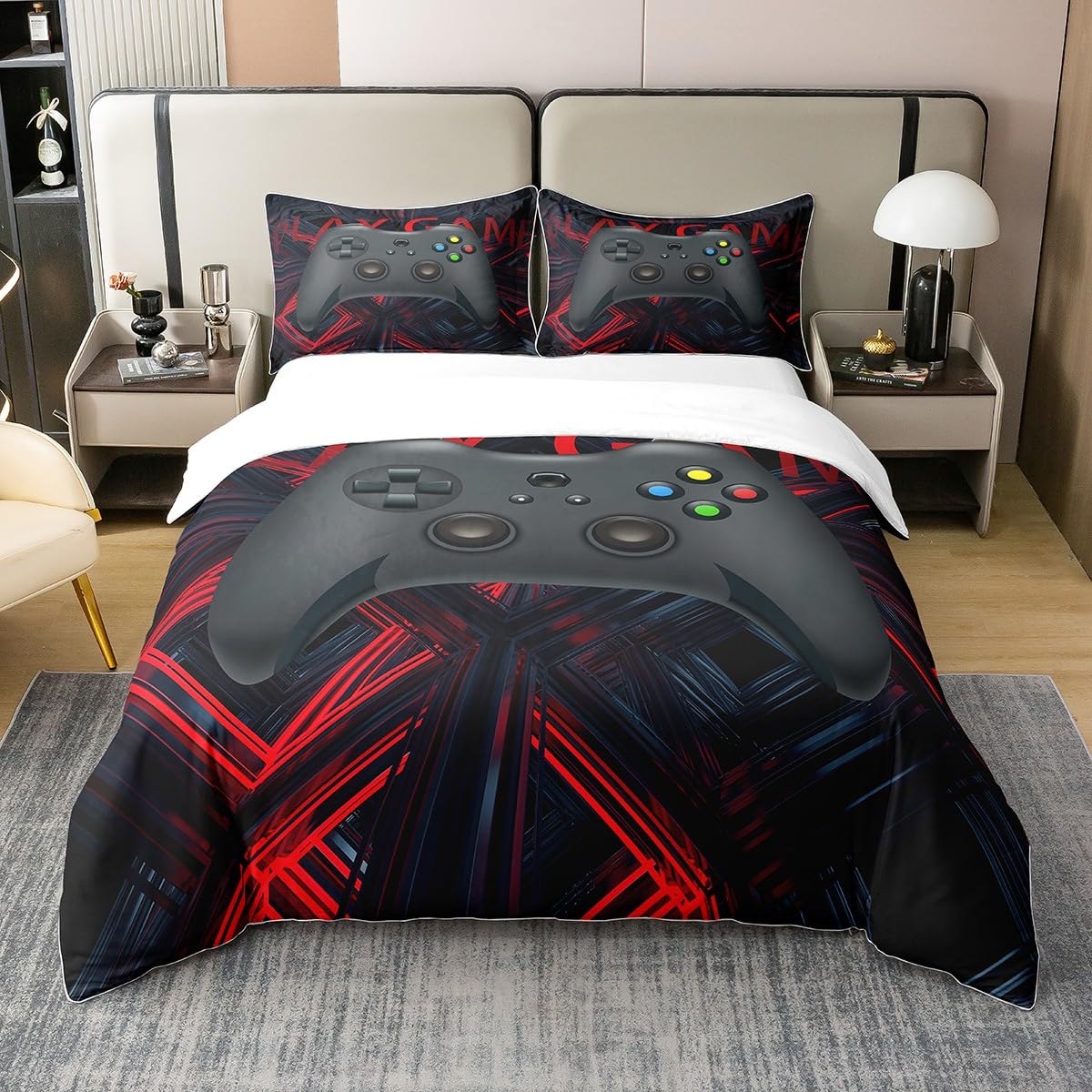 Junge Gaming 100% Baumwolle Bettbezug 155x220 für Jungen,Teens Gamer Spieler Tröster Abdeckung,Videospiele mit Geometrischer Öffnung Bettwäsche Set Jugend Mann Zimmer Dekorative Bettwäsche,Rot Schwarz