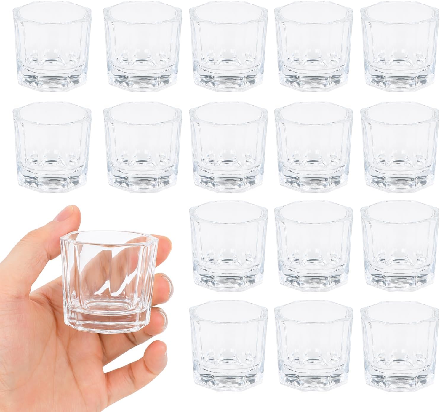 16Pcs Crystal Dappen Dish for Acrylic Nails Hexagonal Design for Nail Art Clear Glass Nail Liquid Powder Cup For Monomer, Acrylic Powder, Liquid Storage