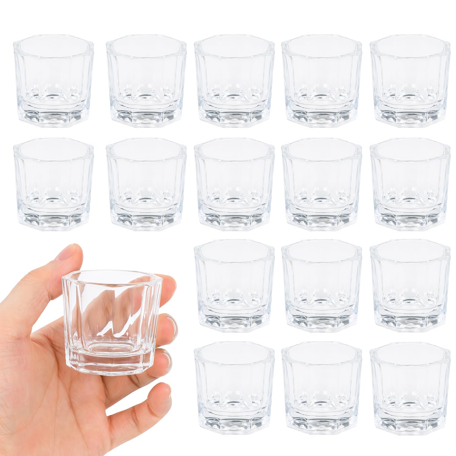 16Pcs Crystal Dappen Dish for Acrylic Nails Hexagonal Design for Nail Art Clear Glass Nail Liquid Powder Cup For Monomer, Acrylic Powder, Liquid Storage
