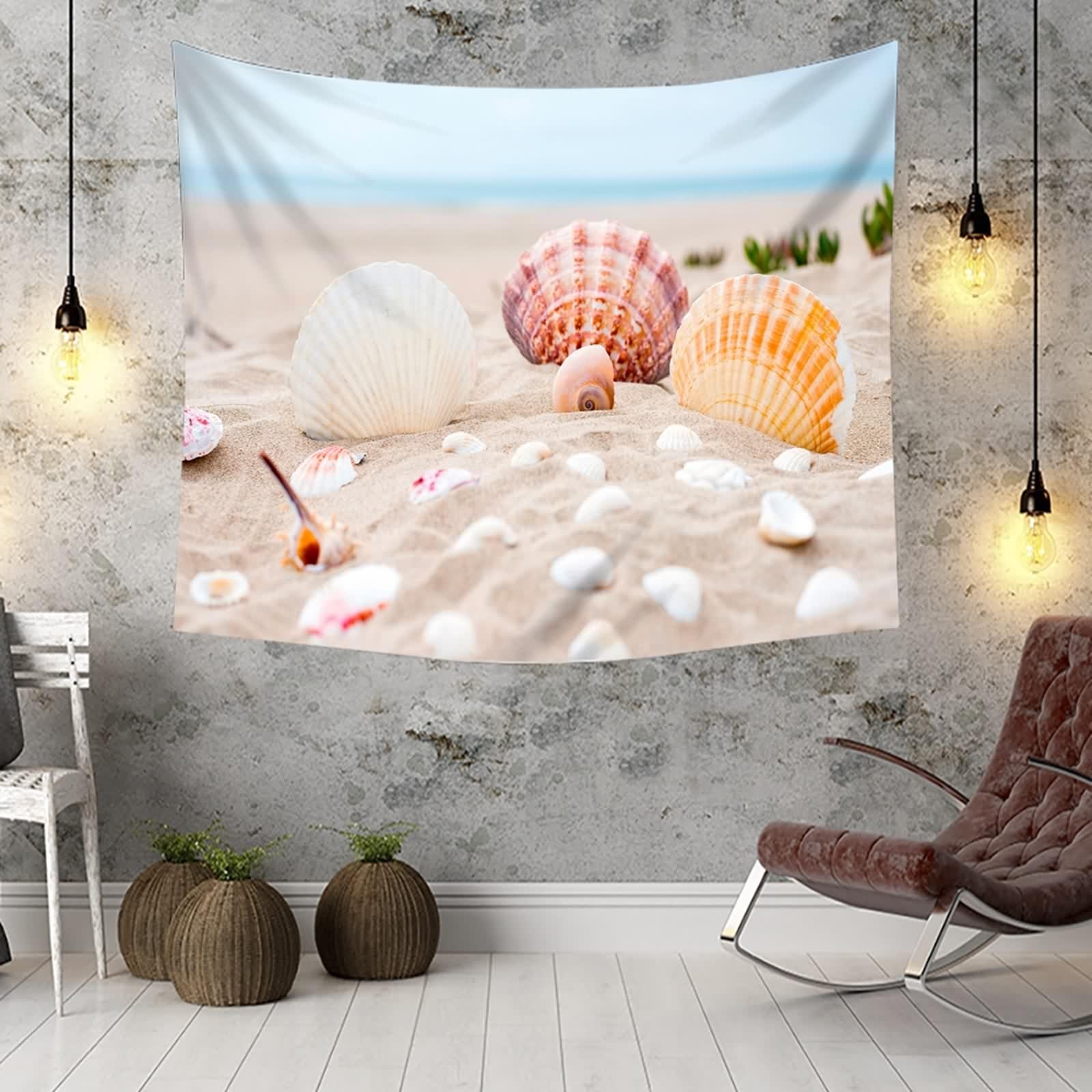 Arazzi da Parete Moderni, Arazzo da Parete Paesaggi Beige Spiaggia delle Conchiglie Poliestere 240x220cm