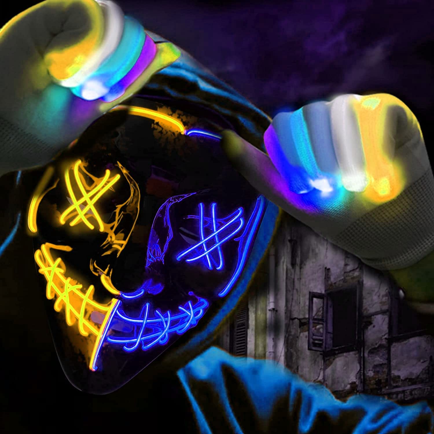 Tty Yellow + Blue Halloween Led Glowing Horror Masks, Led Horror Masks And Gloves Glitter Skull Finger Gloves Glow In The Dark Gloves For Adults & Kids Christmas Gifts (Yellow + Blue)